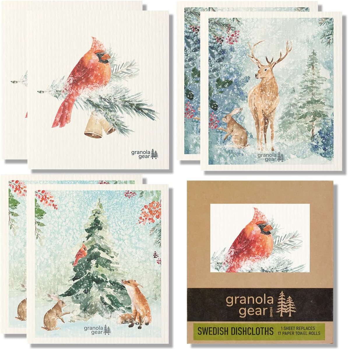 Home by GranolaGear-Christmas Swedish Dishcloths for Kitchen 6-Pack Reusable Paper Towels, Eco-Friendly, Compostable, Biodegradable Dish Wash Cloth Sponge, Holiday Watercolor Snow Art-Winter Cardinal