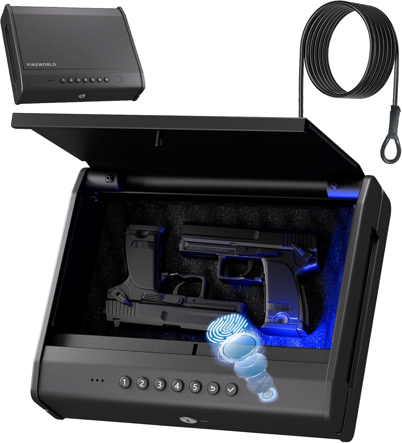 Biometric Gun Safe For Handgun, Pistol Safe with Fingerprint/Backlit Keypad/Keys, 3 Quick Access Handgun Safe fits 2-4 Pistols, Gun Case with Interior LED Cable for Nightstand Car Large Size