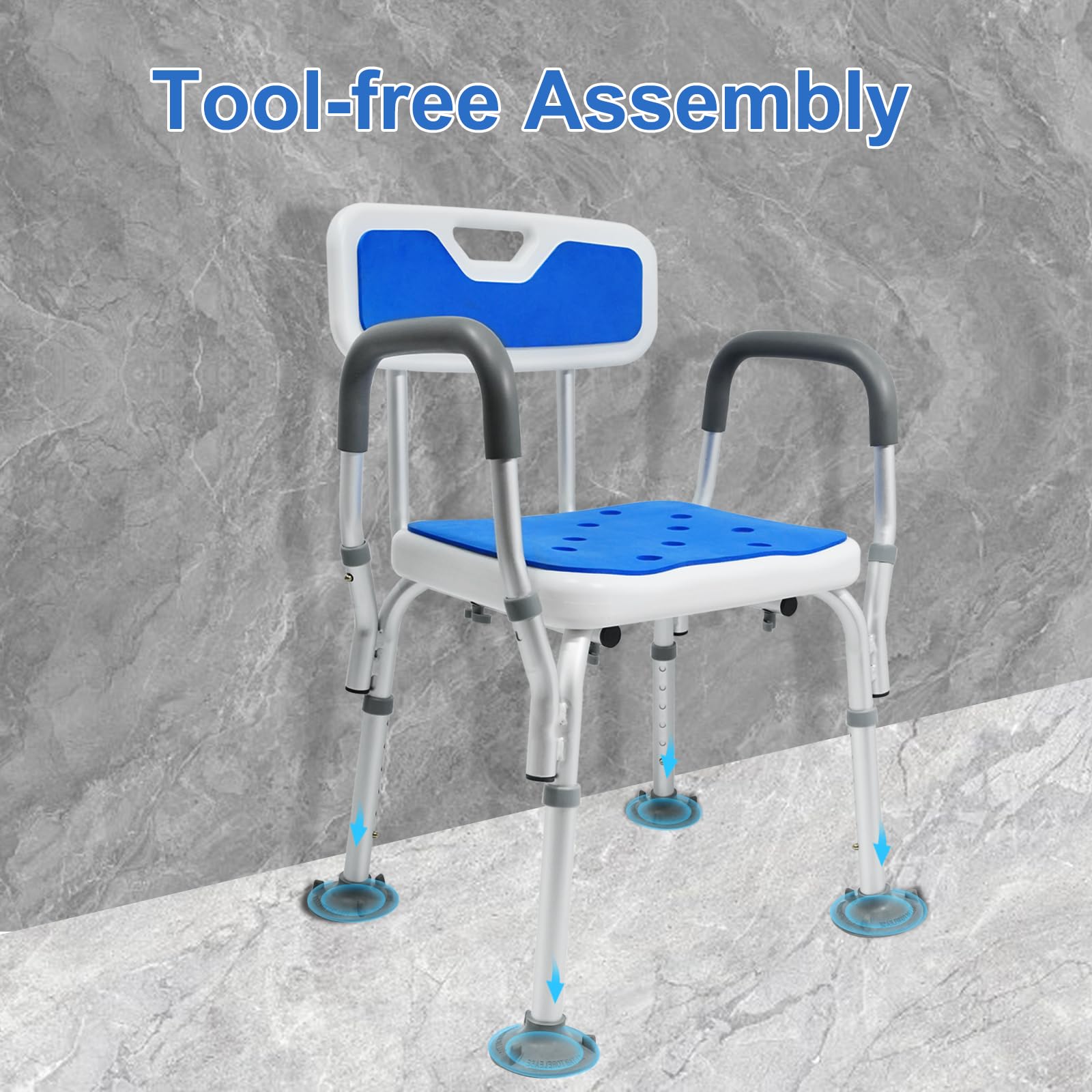 Hotodeal Silla de ducha, asiento de ducha de altura ajustable con reposabrazos y respaldo para ancianos, discapacitados, discapacitados, embarazadas, sin herramientas, soporte de instalación de 300