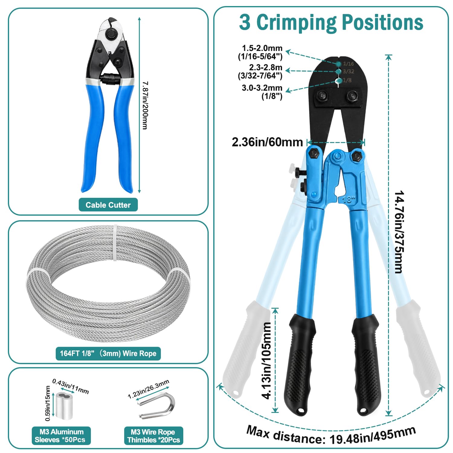 Kit di cavi in acciaio inossidabile da 3 mm e 50 m, con strumento di crimpatura e tagliacavi, per fai da te, recinzioni, luci a stringa