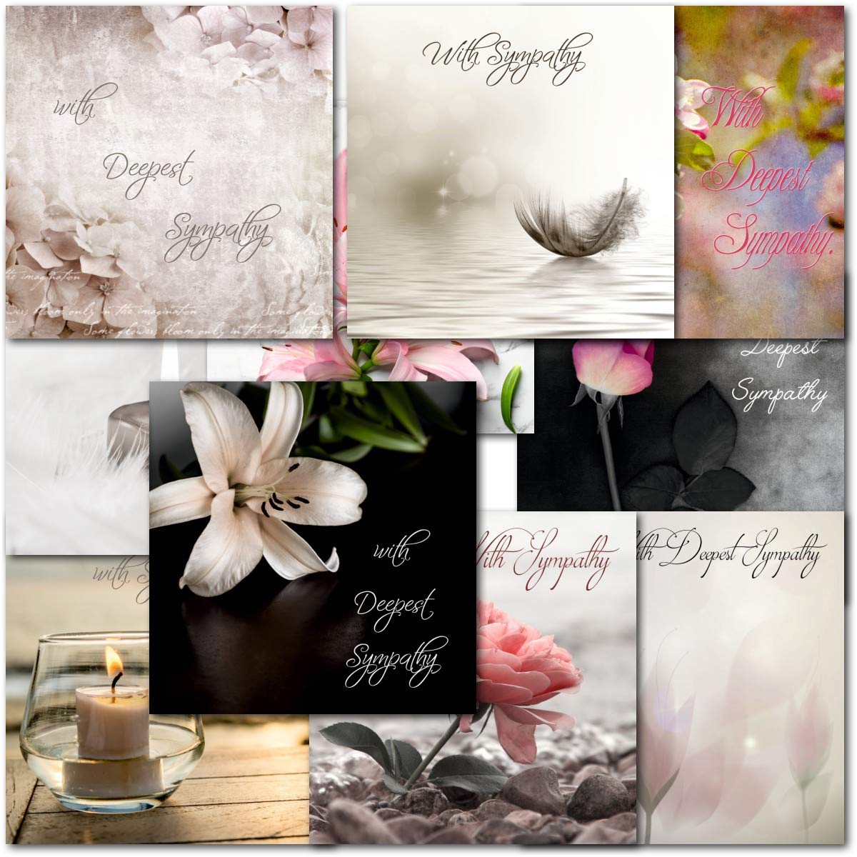 doodlecards Pack 10x Blank Mixed Sympathy, Bereavement, Condolence, Loss of, Thinking of You Cards with envelopes. Multipack Floral, Flowers, Candles & Feather Cards. Made in The UK.