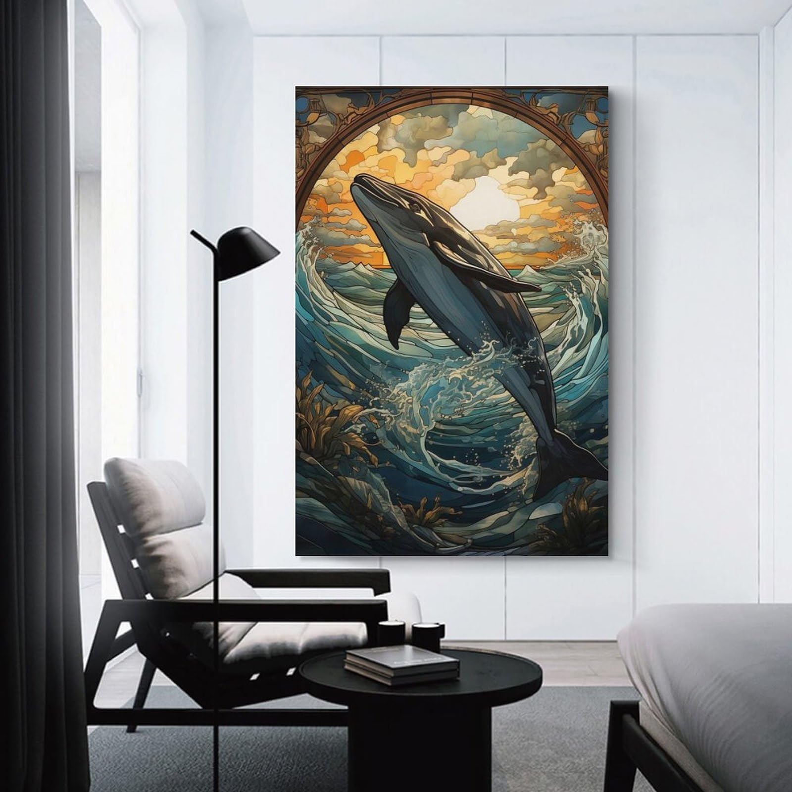 Junmoney Unframe-Style-9 Decorative Wall Artwork Blue Whale Stained Glass, 24X36inch(60X90cm), For New Homes, Bedrooms Or Workspaces, Canvas Artwork With Gifting Potential
