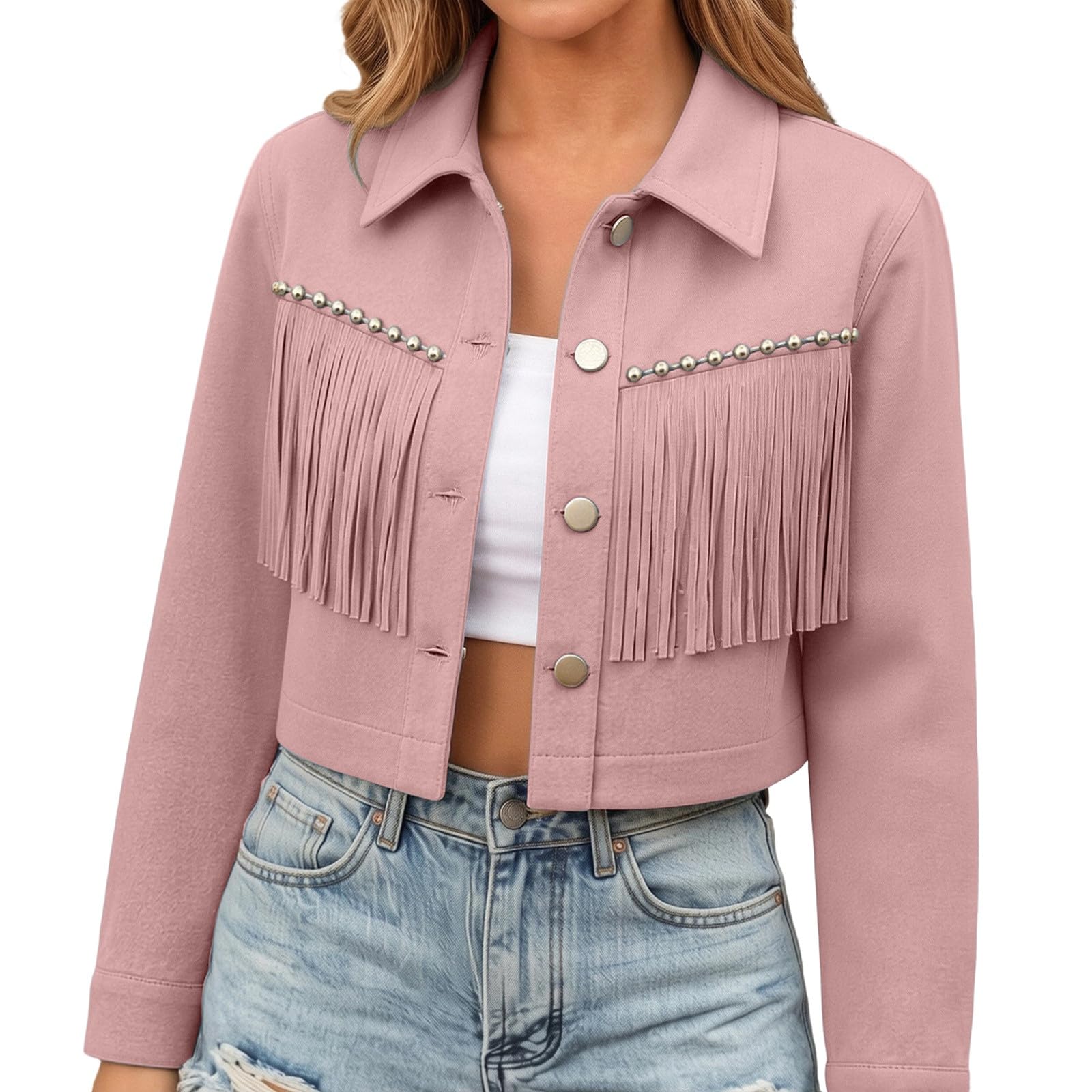 Veste en cuir synthétique pour femme à manches longues avec pompon, hippie, veste demi-saison, cowgirl, cowboy, costume de carnaval, manteau de moto, veste d'automne, tenue de festival de la