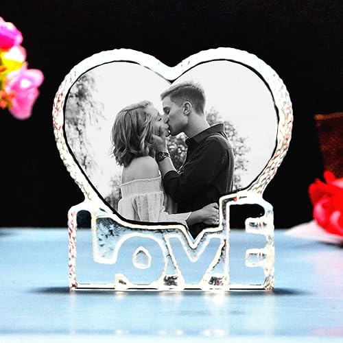 FANF&YKPY Marco de fotos personalizado en forma de corazón, marco de fotos de cristal, grabado láser, cumpleaños, aniversario, boda, regalo para