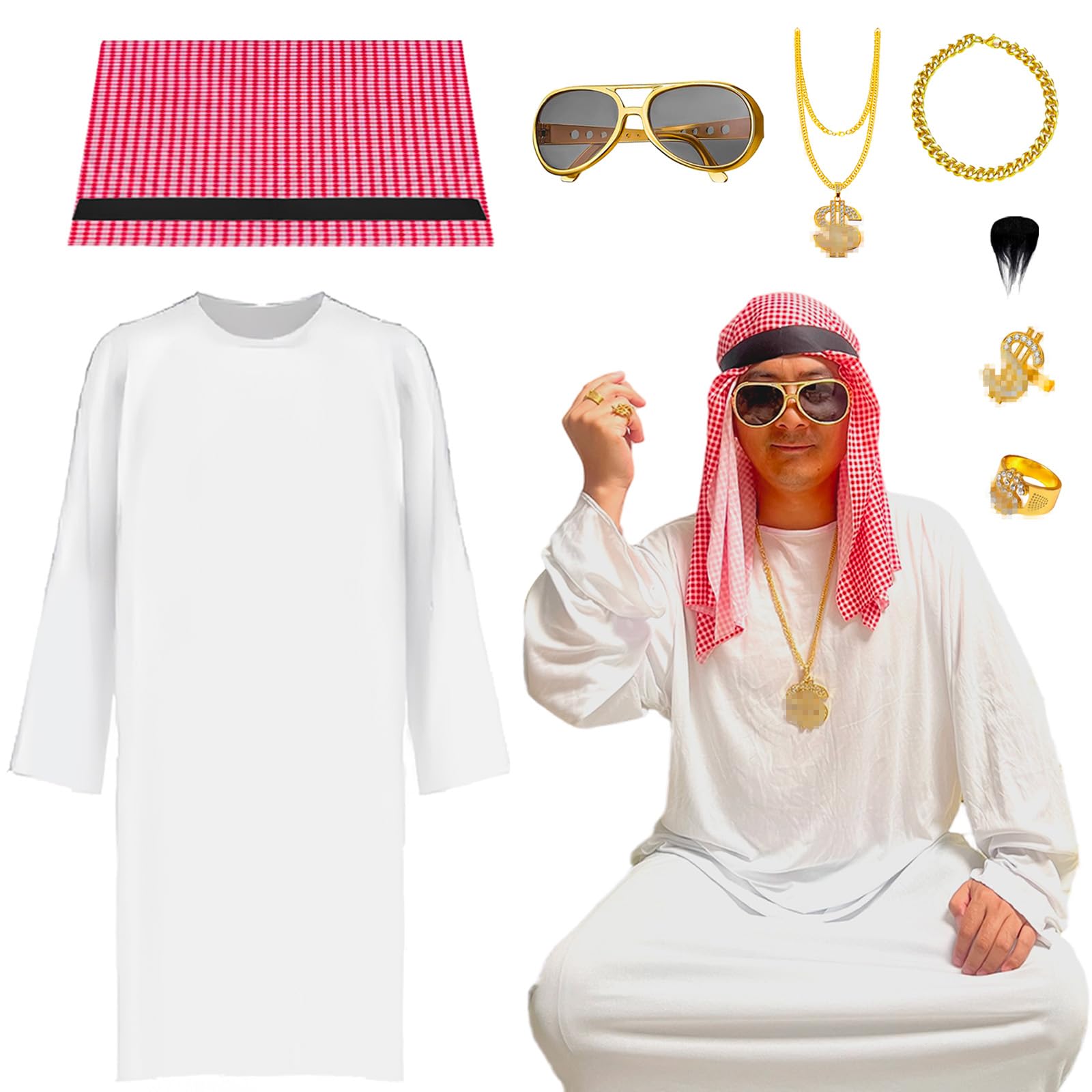 XILEPINGAN Sjeikkostuum voor heren, Arabisch kostuum, Arabisch wit gewaad met hoofddoek, vingerring, halskettingen, armband, zonnebril voor feest, cosplay (L