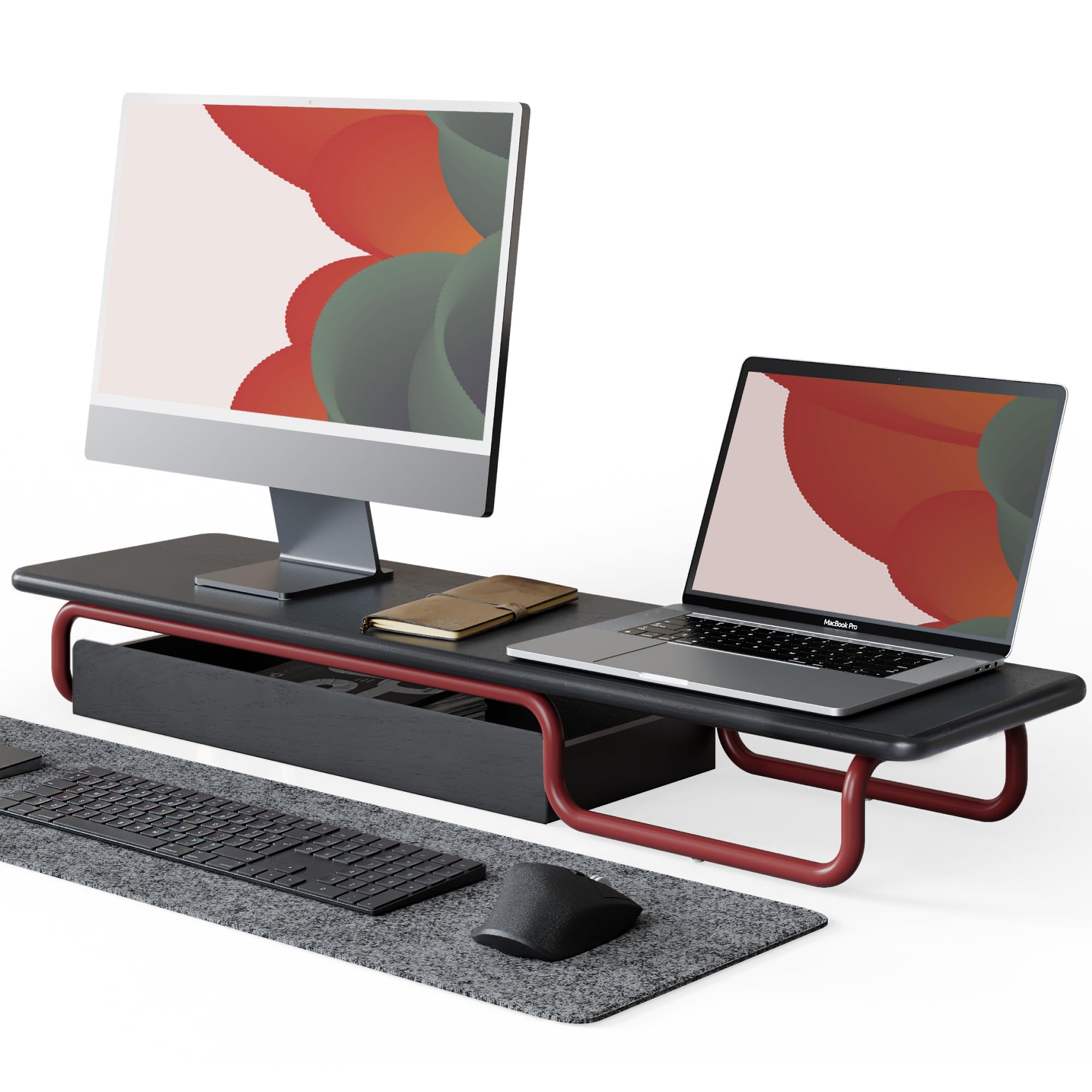 Fenge Supporto Monitor Scrivania, per 2 Schermi, 95x 25x 12,4cm, Legno Massello e Ferro, Non Installazione, fino 50kg, Monitor Stand con Cassetti, Porta PC laptop stampante TV (Nero + Rosso)