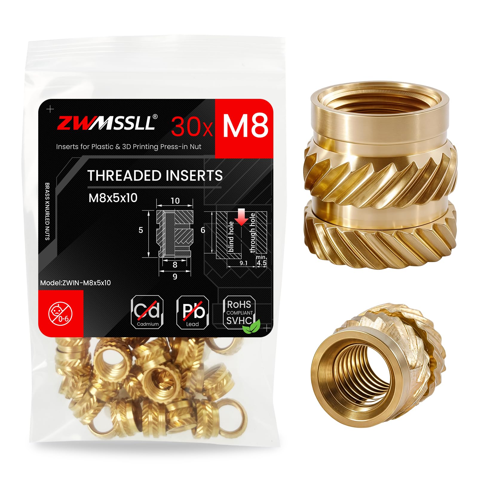 ZWMSSLL M8 Threaded Inserts-30 Pieces M8x5x10 Heat-Set Insert Brass Knurled Nuts Big Size for 3D Printing Components and Plastic Parts