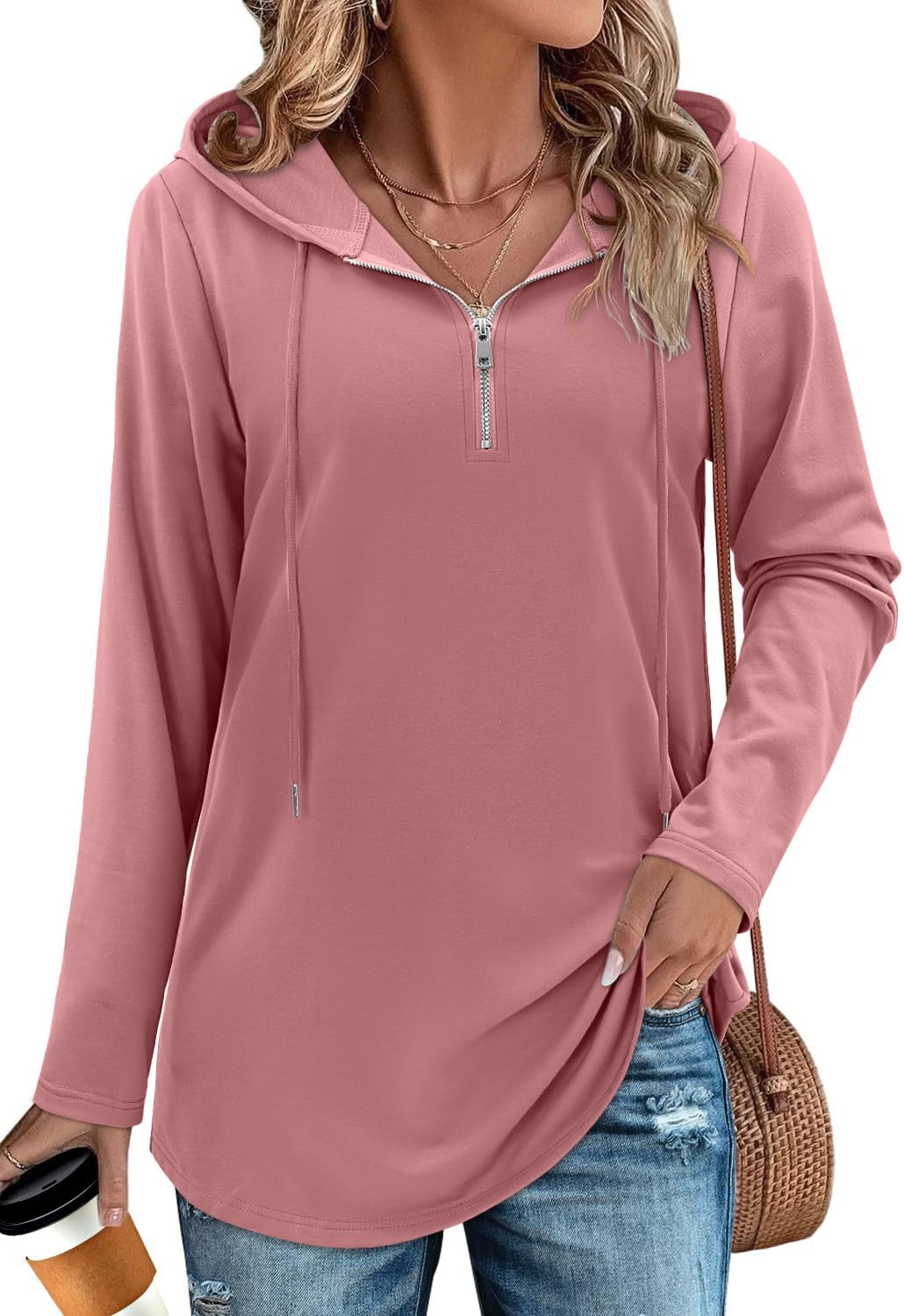 BETTE BOUTIK Womens Quarter Zip Tunic Hoodies Pullover Long Hooded Sweatshirts S-3XL - Image 3