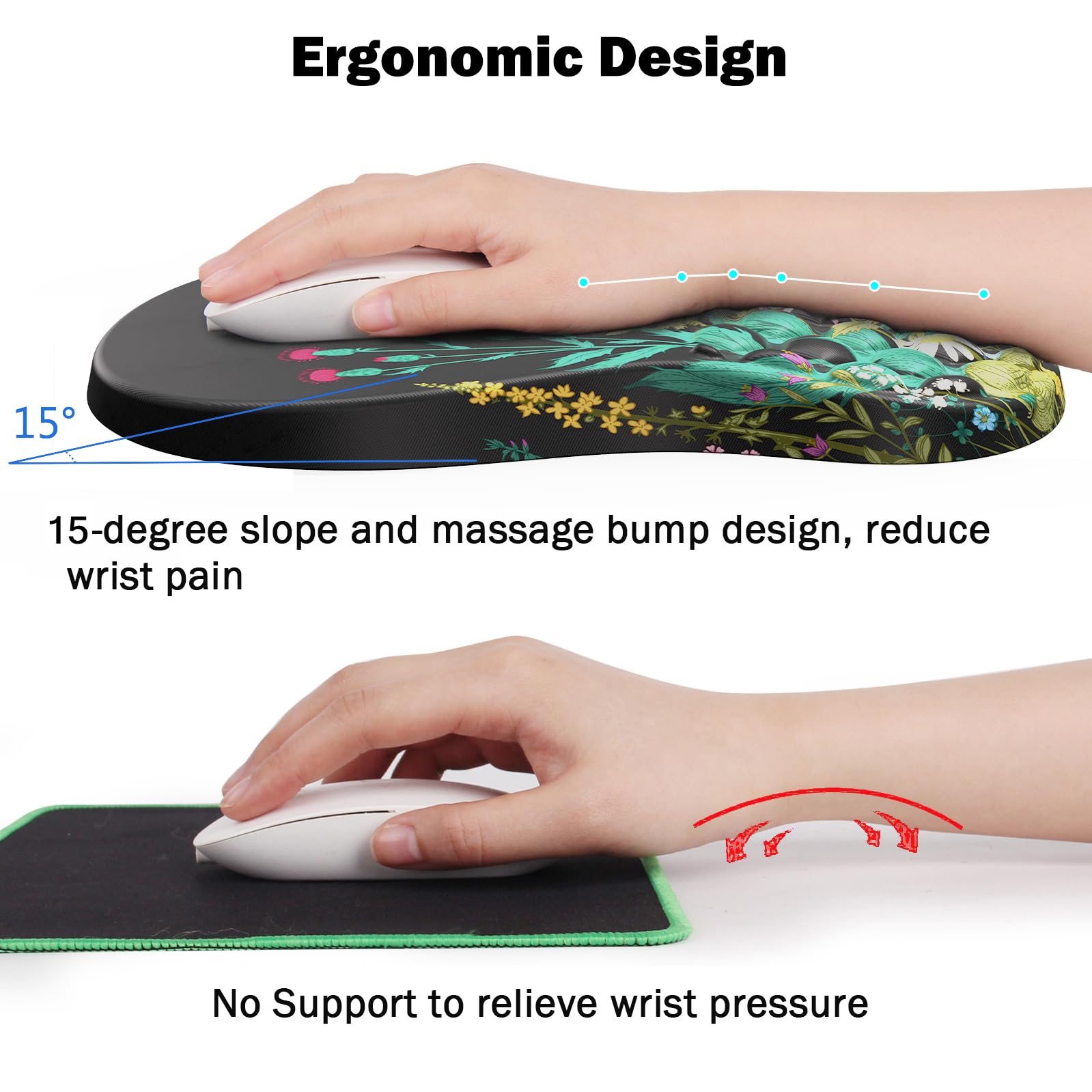 Ergonomic Mouse Pad with Wrist Rest, Mousepad with Memory Foam & Massage Design, Wrist Pain Relief, Non-Slip PU Base, Mouse Pad with Wrist Support for Gaming, Office, Desk (Black Flower, 12x8 inch)