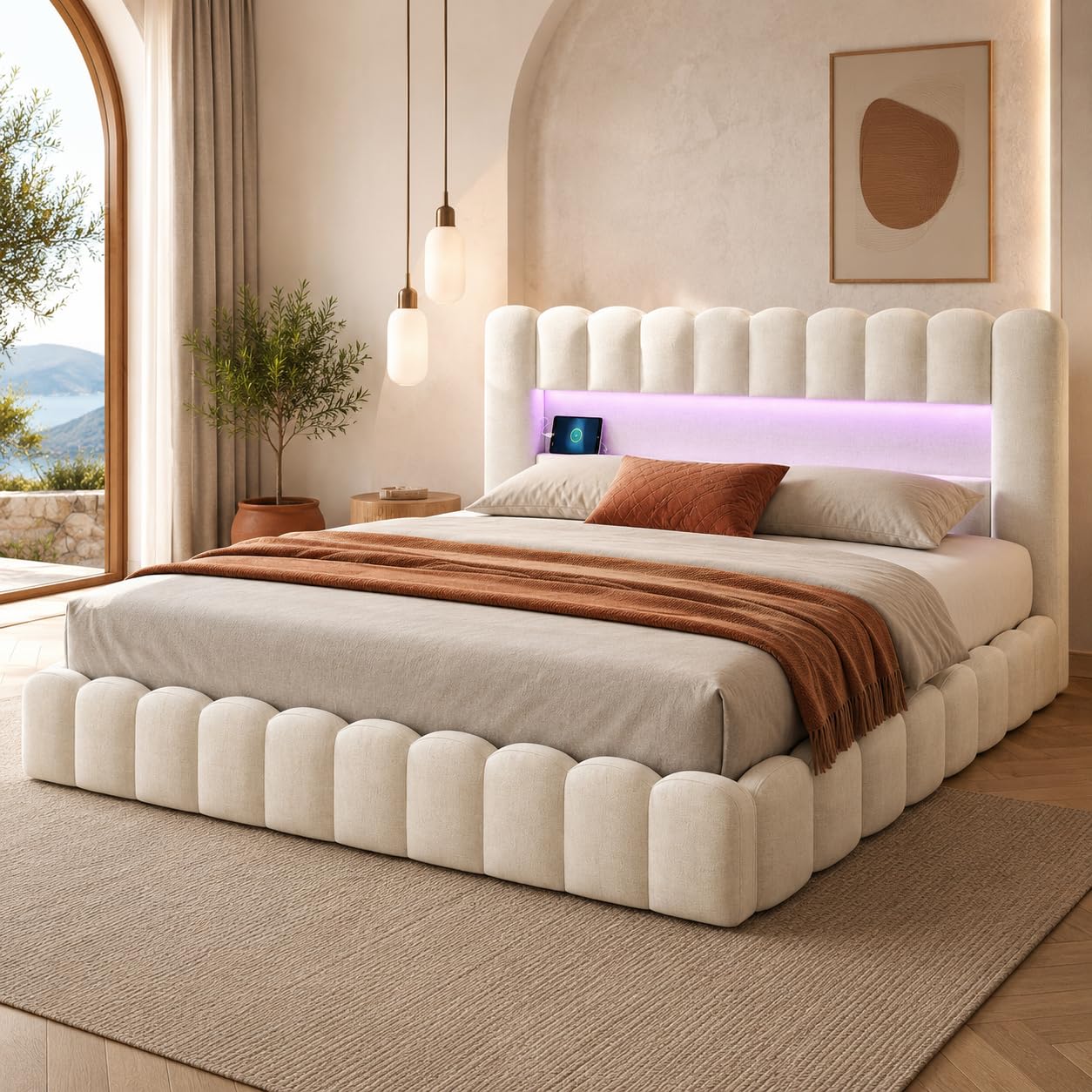 Cama Canapé Abatible 180x200cm con Almacenaje Hidráulico, Cama Matrimonio Tapizada con LED, USB y Tipo C, Cabecero Acolchado con Estante, Somier de Láminas Incluido, Lino Beige, Sin colchón