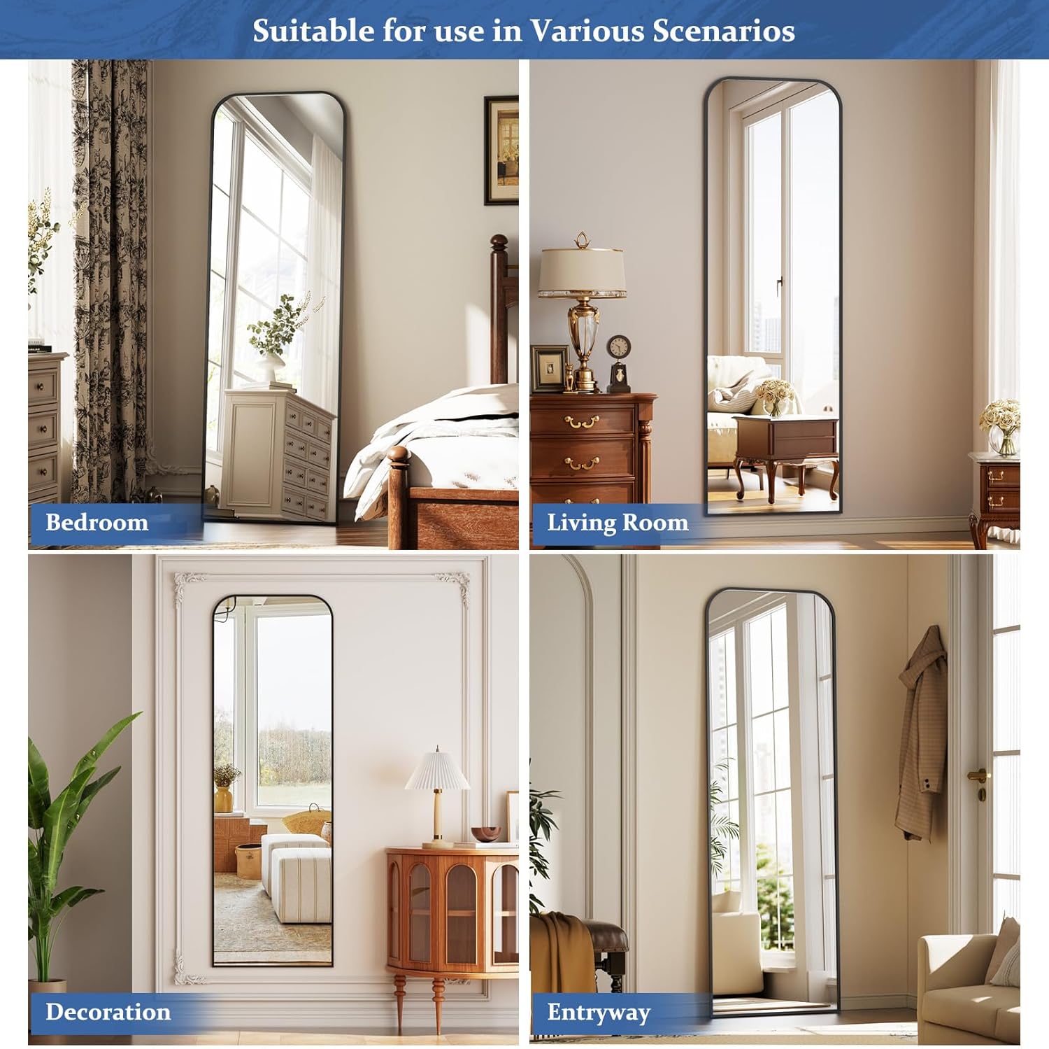 Full Length Mirror 64"x21" Arched Floor Standing Large Mirrors Full Body Mirror with Stand - with Aluminum Frame for Bedroom Living Room, Black - Image 4