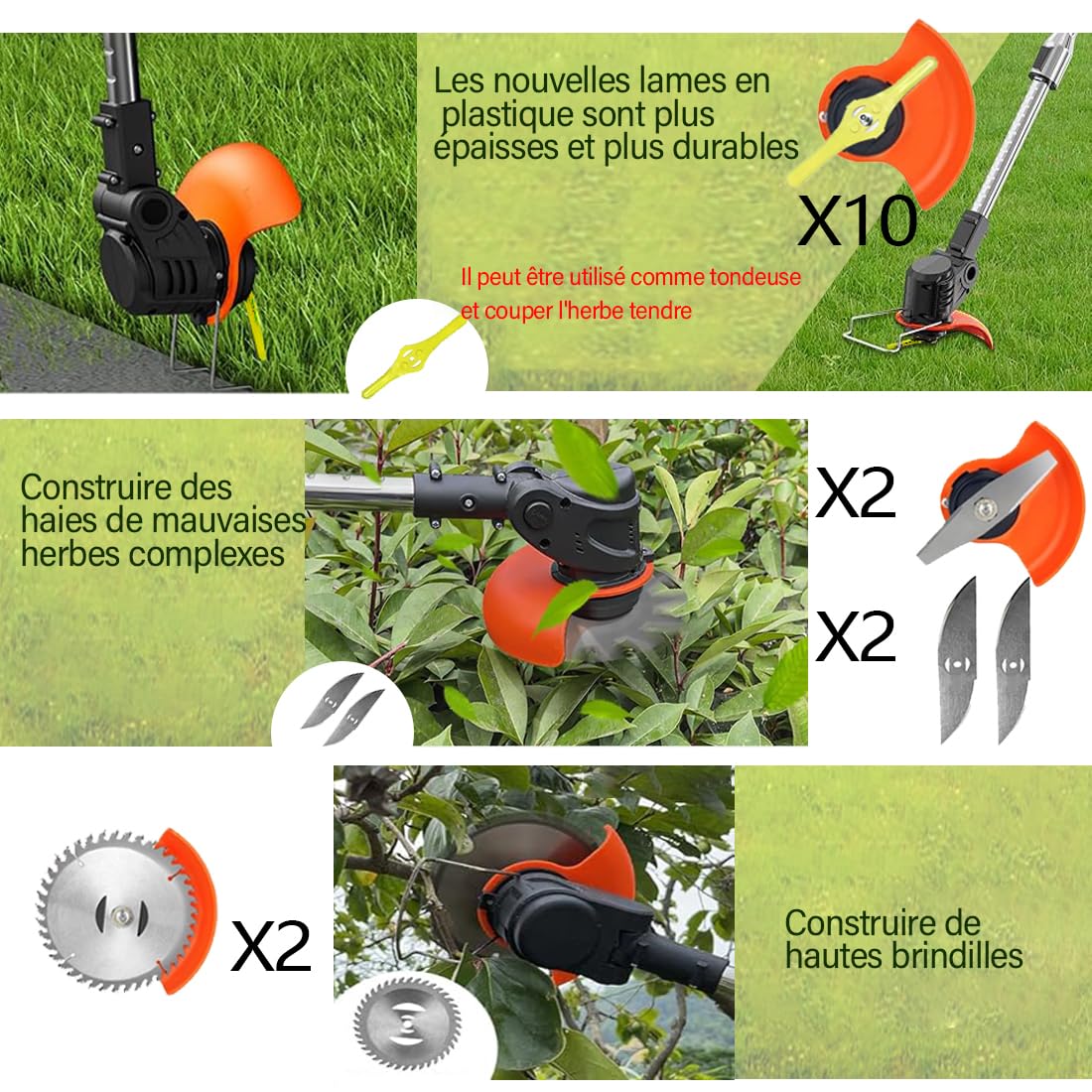 Coupe Bordure sans Fil avec Batterie, Debroussailleuse Electrique sans Fil, (2 Batteries de 4,0 A et Chargeur Rapide) Coupe Bordure, Débroussailleuse, avec 3 Types de Lames pour Jardin, Cour