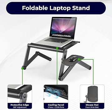 WorkEZ Cooling Adjustable Laptop Stand for Desk w/Fan USB Ports Mouse Pad Ergonomic Foldable Laptop Stand Riser Portable Computer Holder, Black