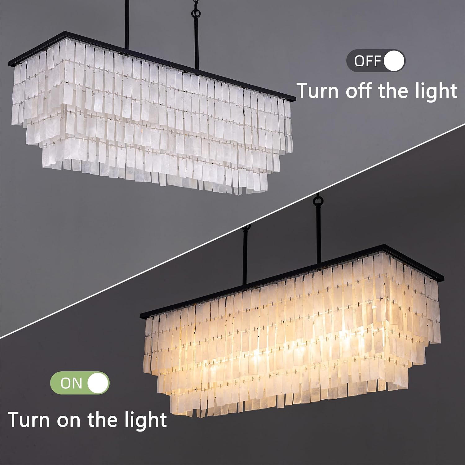 TOCHIC Capiz Shell Chandelier, 9 Lights Coastal Chandelier Light Fixture, Modern Black Boho Chandeliers for Dining Room, Rectangular Shell Pendant Light for Living Room, Kitchen Island, 3 Tiers, 40" L