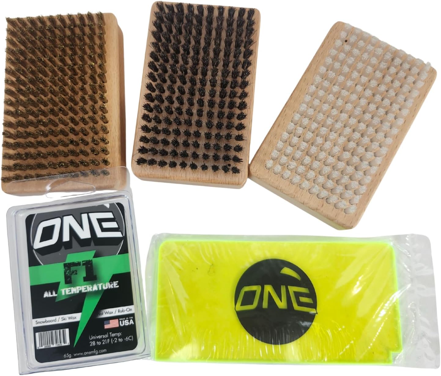 ONEBALL One Mfg Ski & Snowboard Tuning Brush Kit with Storage Bag – Includes Nylon, Horsehair & Brass Brushes, Plexi Scraper & 65g F1 Universal Wax – Complete Ski Wax Kit