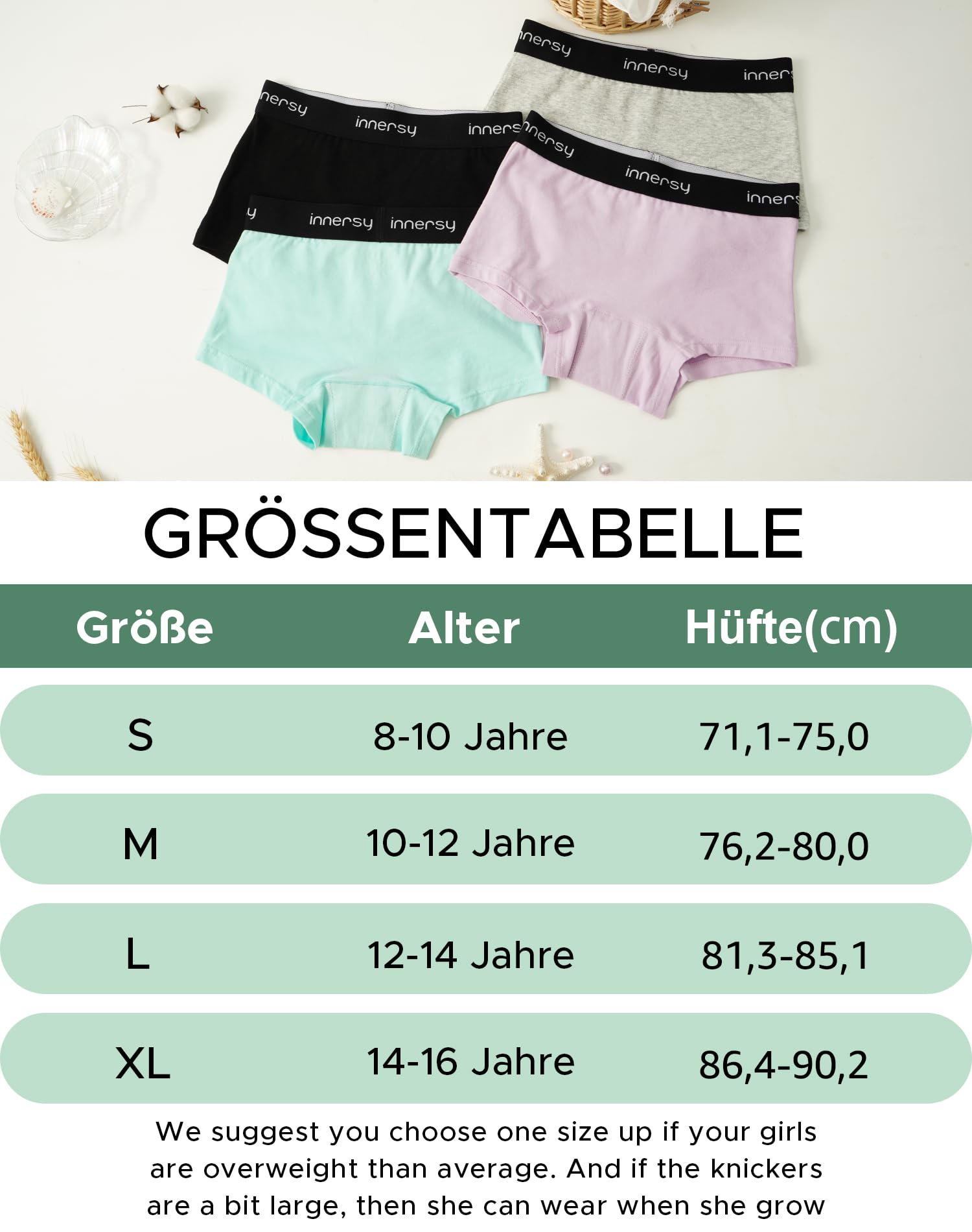 INNERSY Bokserki dla dziewcząt, bielizna dla nastolatków w wieku 8-16 lat (przed/po menstruacji), 3 sztuki w opakowaniu