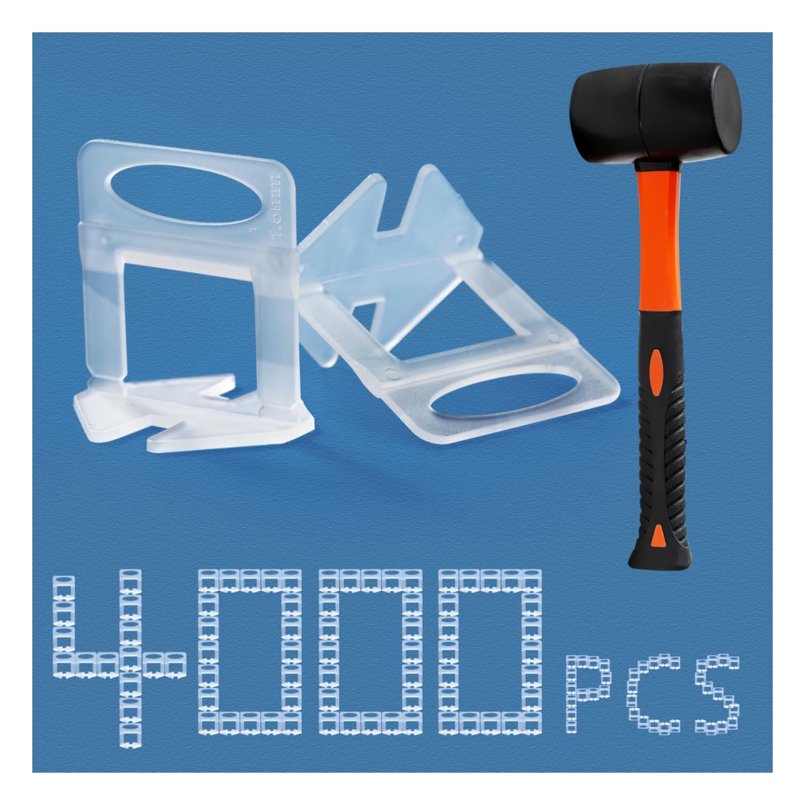 Tile Leveling System 1/16" Spacers Tile Leveler Clips DIY Tile Leveler Spacers 4000 Pcs and Tools Harden Rubber Mallet Hammer 16 oz for Professional
