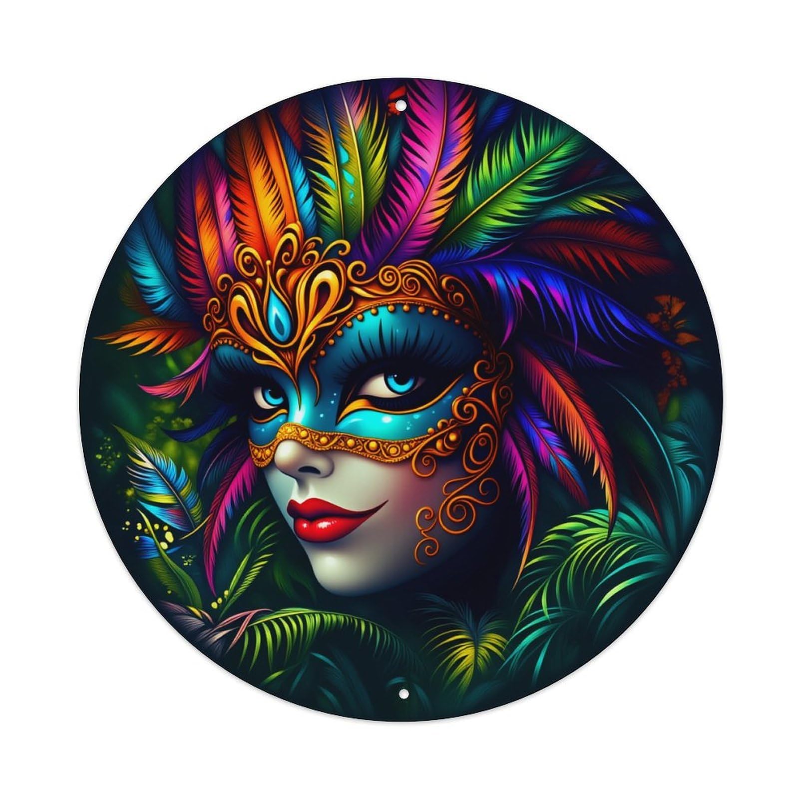 Colorful Feathered Mask Artwork Round Tin Sign Vintage Metal Poster Retro Bar, Home, Man Cave, Kitchen, Laundry Room Wall Art Decor Gift 8x8Inch