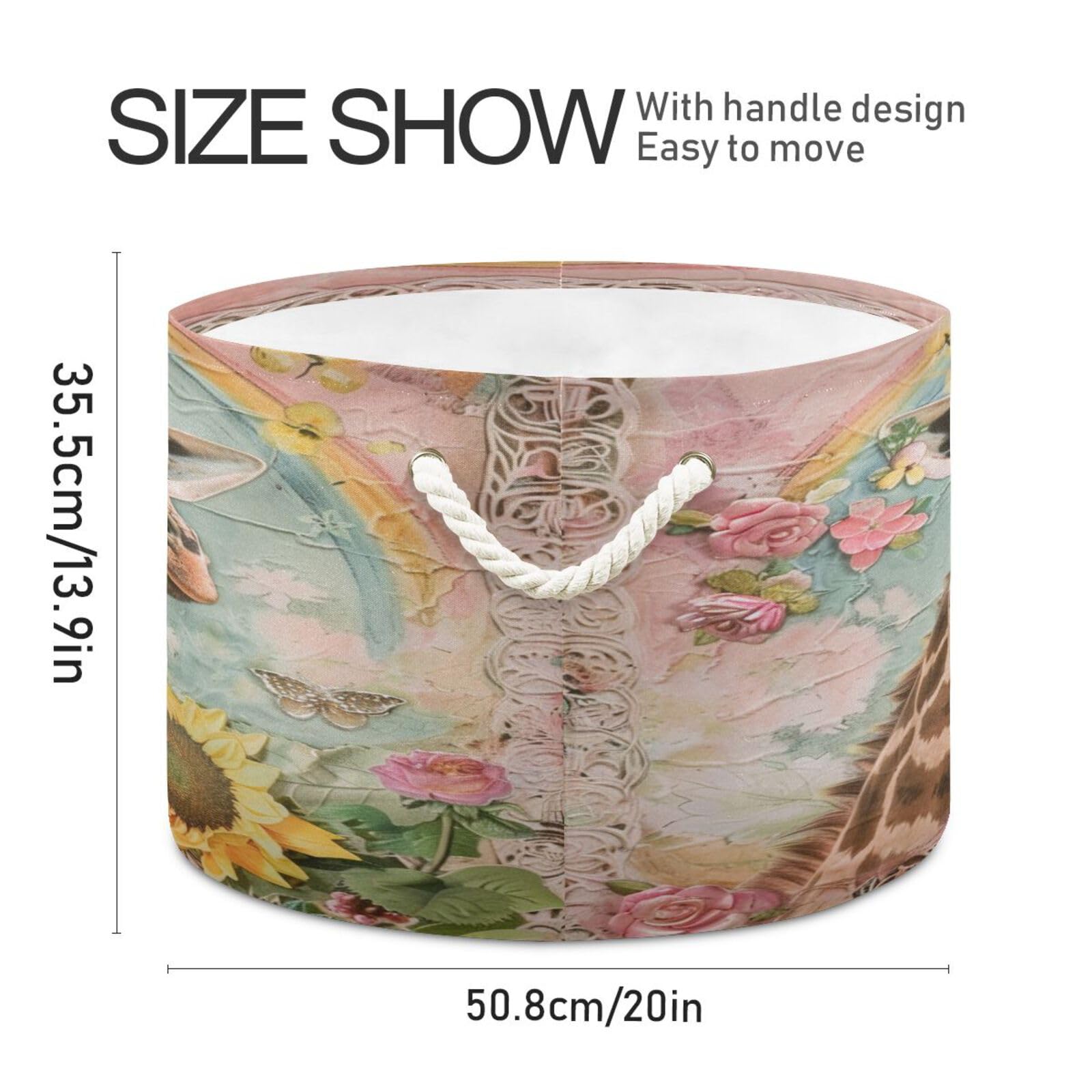 Collapsible Canvas Storage Organizer Bin, Giraffe (14) Storage Basket Laundry Hamper with Handle for Clothes Playroom Decor, Large, 20 in Diameter