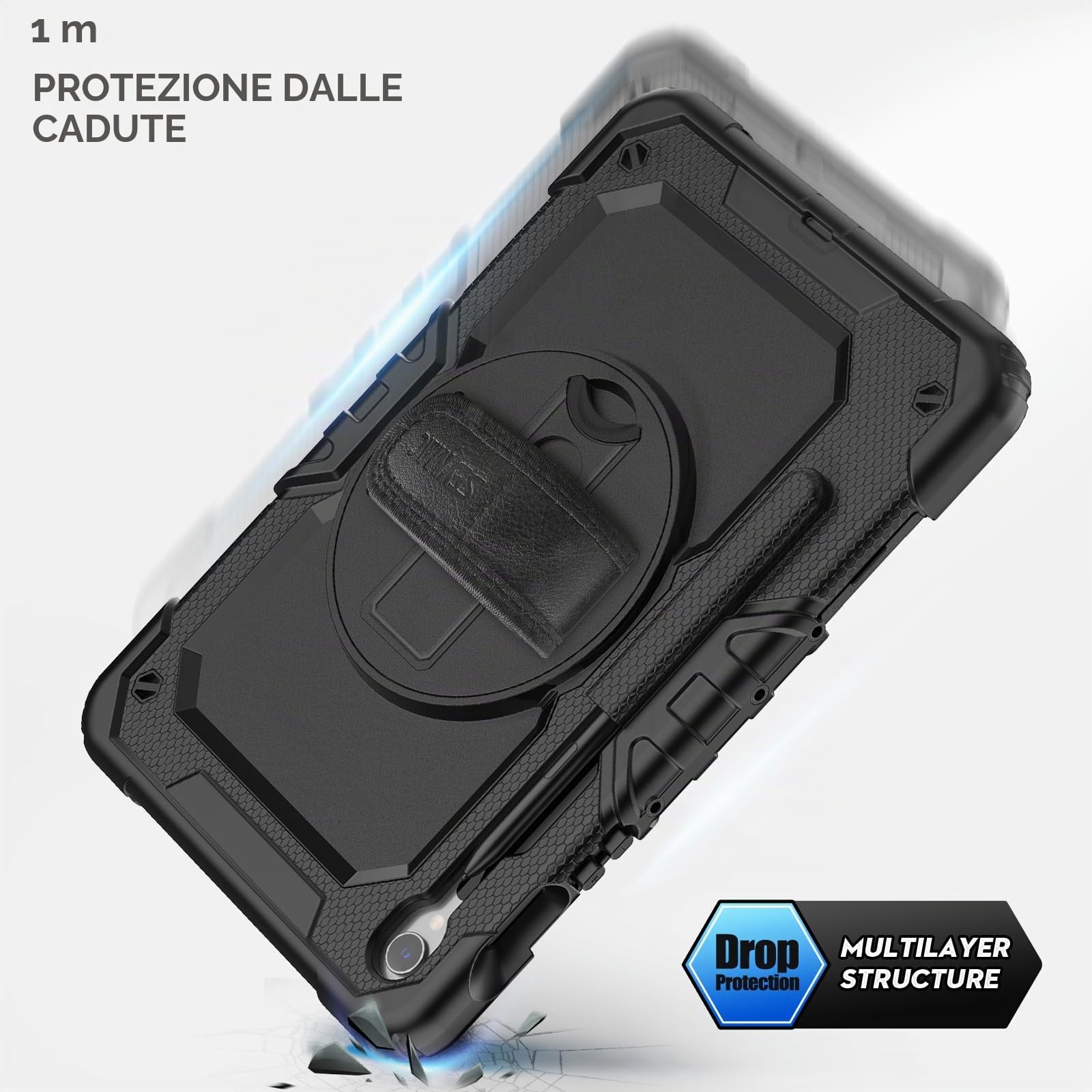 SEYMAC Custodia per Samsung Galaxy Tab S10 Lite / S10 FE 10.9" / S9 FE 10.9"/ S9 11 Pollici, Custodia Antiurto con Pellicola Protettiva, Supporto Girevole a 360°, Tracolla, con Portapenne, Nero