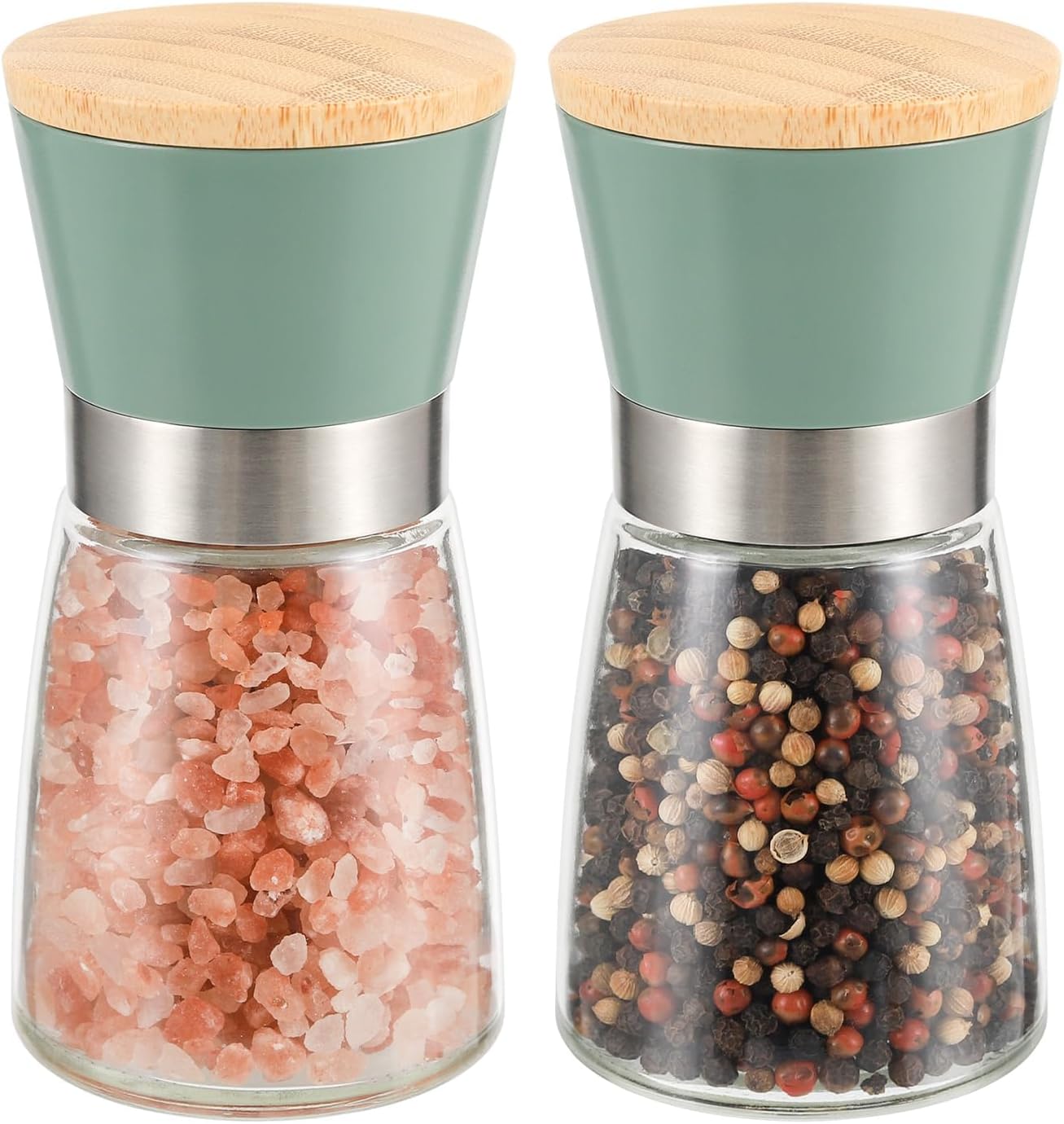 VUCCHINI Salt and Pepper Grinder Set Bamboo Lid- Adjustable Coarse Salt and Pepper Mills - Refillable Ceramic Burr Kitchen Gift Manual Salt Pepper Shakers Green