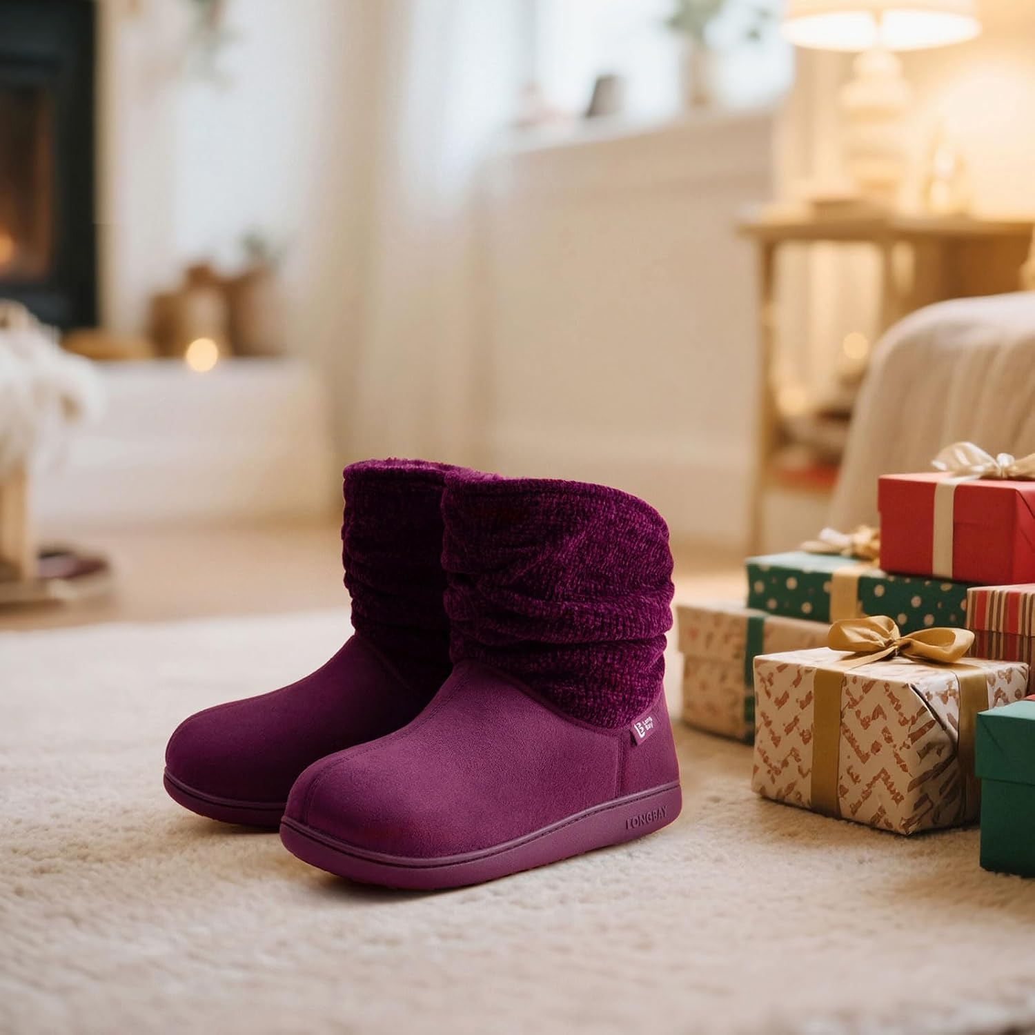 LongBay Women's Warm Chenille Knit Bootie Slippers Memory Foam Comfy Suede Fluffy Faux Fur Boots House Shoes - Image 6