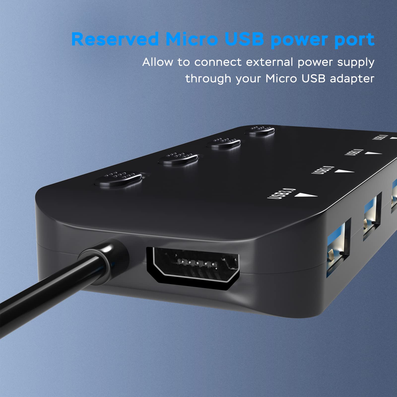 Adapter do koncentratora USB 3.0, 4 porty USB Extender Hub do laptopa, adapter wielu portów USB z indywidualnymi przełącznikami zasilania