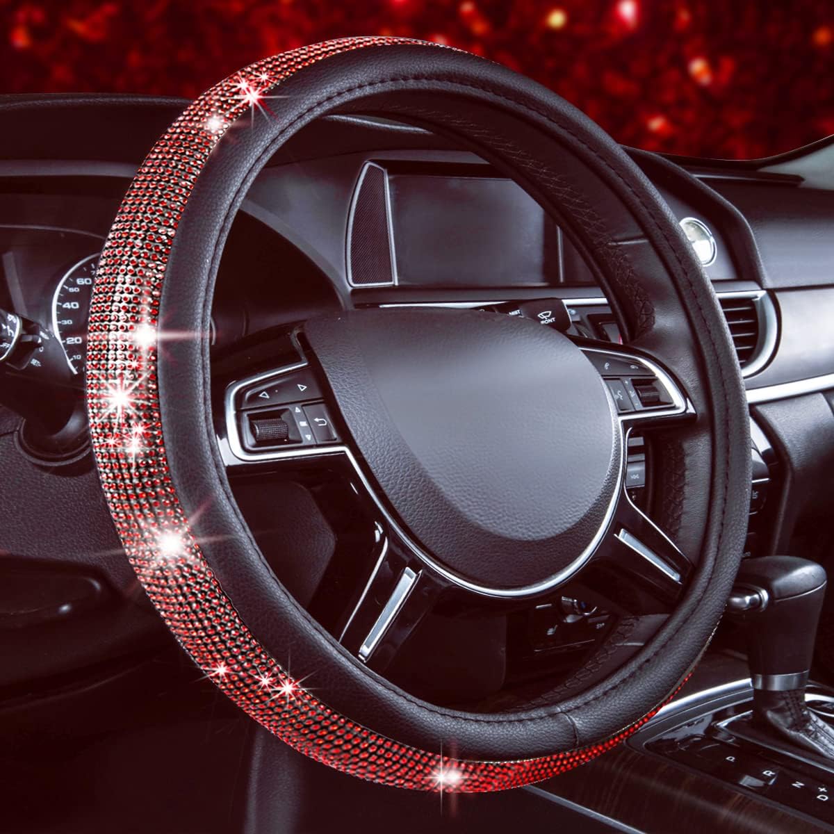 CAR PASS Red Diamond Black Leather Steering Wheel Cover, with Bling Crystal Rhinestones Universal Fit 14" 1/2-15" Crystal Glitter for Women Sparkle Girl Fit Suvs,Vans,Sedans,Cars,Trucks, Red Diamond