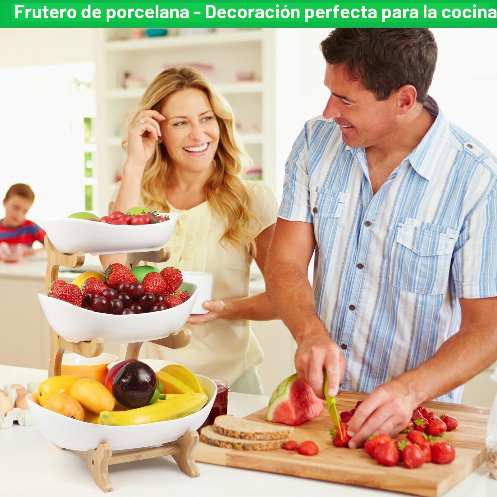 Dreamhigh® Frutero de Cocina Moderno de Cerámica, 3 Pisos Cesta para Frutas y Verduras Estable y Sin Sacudidas, Con Base de Bambú para Sala de Estar