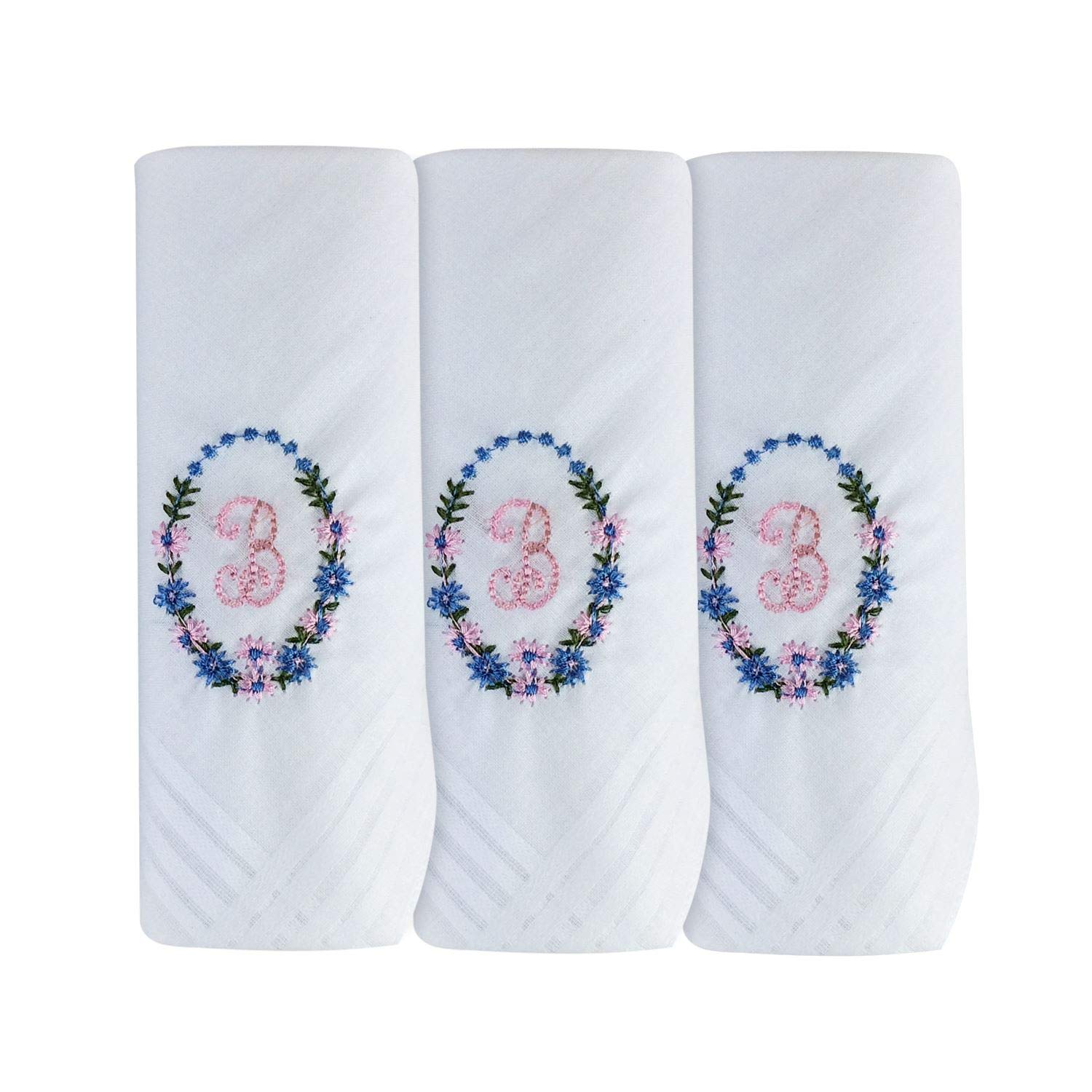 Surf the Shop 3 Pack Of Womens/Ladies Embroidered Initial Handkerchiefs With White Satin Border Various Initials (B)
