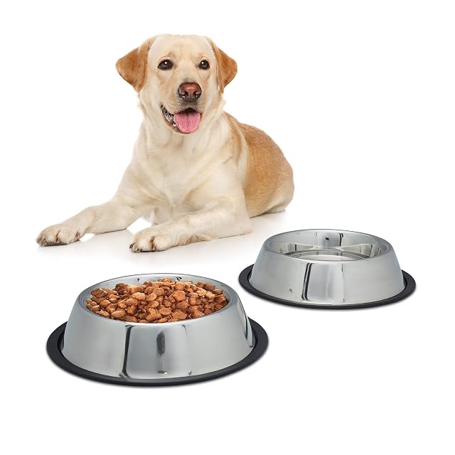 Relaxdays Set 2 Comederos Perro, Cuenco Agua, Comida, Antideslizante, Bebedero Acero Inoxidable Talla L, 0,75L