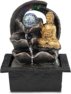 GEEZY Indoor Water Fountain - Crystal Ball Buddha Design Water Feature with LED Lights - Mains Powered & Self-Contained, Table Top, Relaxing & Tranquil - Perfect for Home, Living Room, Office Decor