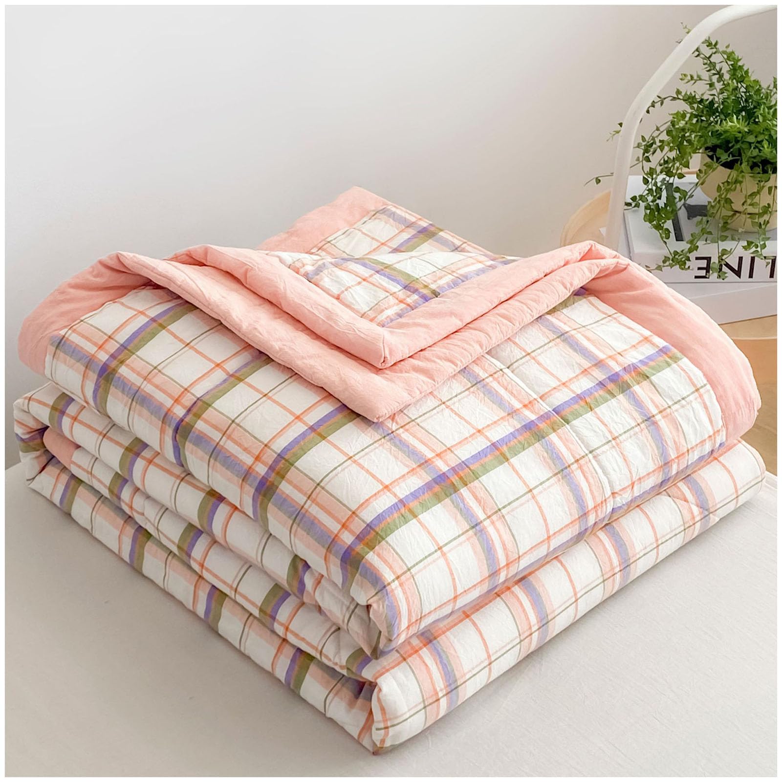Gofohimi I Gofohim New Modern Air Condition Cotton Quilt - Lightweight Blanket Quilted Spring/Summer Thin Quilt Cotton Breathable Comforter Plaid Print Quilts Bedspread,,200X230cm