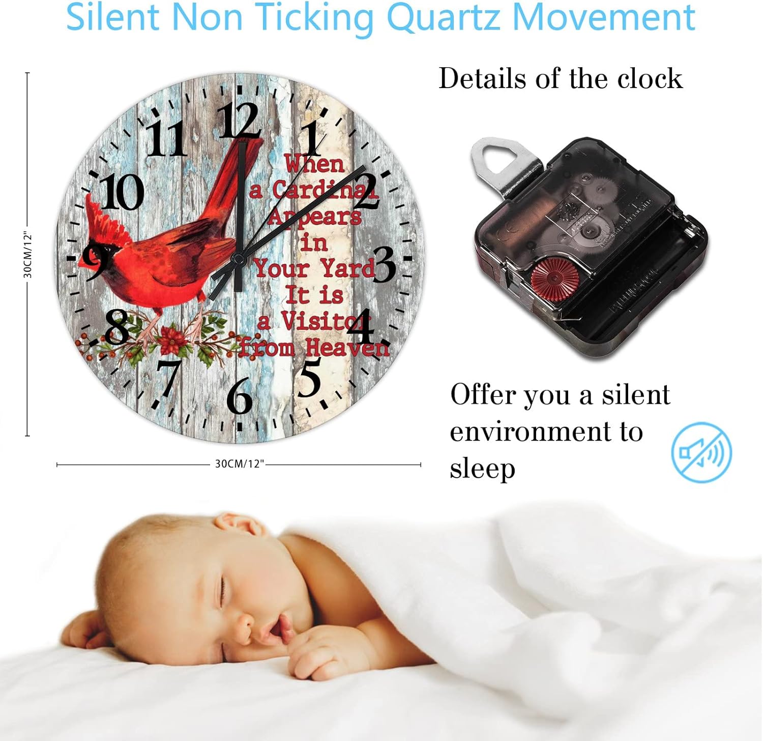 When A Cardinal Appears in Your Yard Its A Visitor from Heaven Wood Clock 12 Inch, Red Birds Berry Pine Tree Branch Pinecone Wall Clock for Bedroom Quartz Non Ticking Round Arabic Numeral Clock