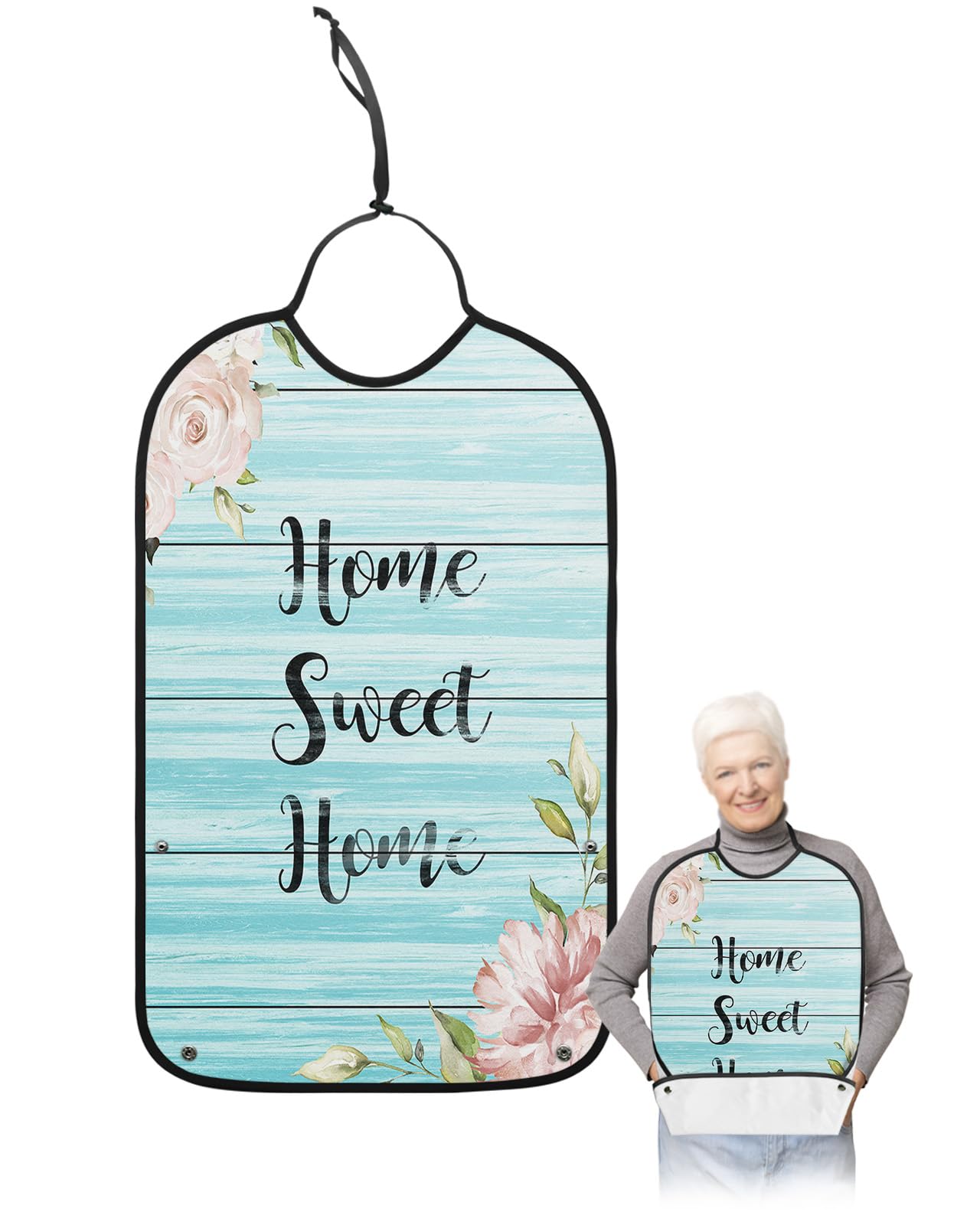 LEOKOTI Home Sweet Home Adult Bibs for Eating, Waterproof Bibs with Food Catcher & Adjustable Snap Closure, White Flowers Blue Wood Washable Clothing Protectors Adult Bibs for Elderly Women/Men