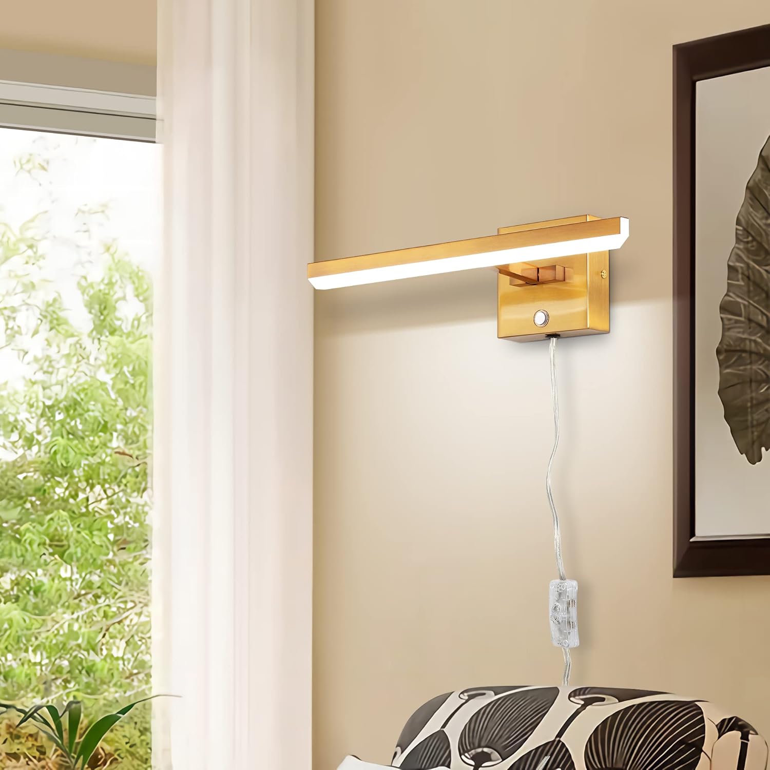 MantoLite Bathroom Lighting Fixtures Over Mirror,Plug in LED Picture Lights for Wall Dimmable Bathroom Vanity Light 15inch Cabinet Wall Sconces with Ajustable Arm Bedside Reading Lamp,Brass,6000K 8W