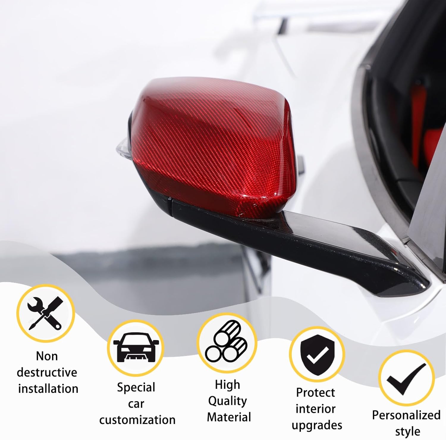 100% Real Carbon Fiber Side Rearview Mirror Guard Cover Trim Compatible with Chevrolet Corvette C8 2020-2023+, Door Rear View Mirror Cover Cap, Add On Style Mirror Caps C8 Accessories (Red)