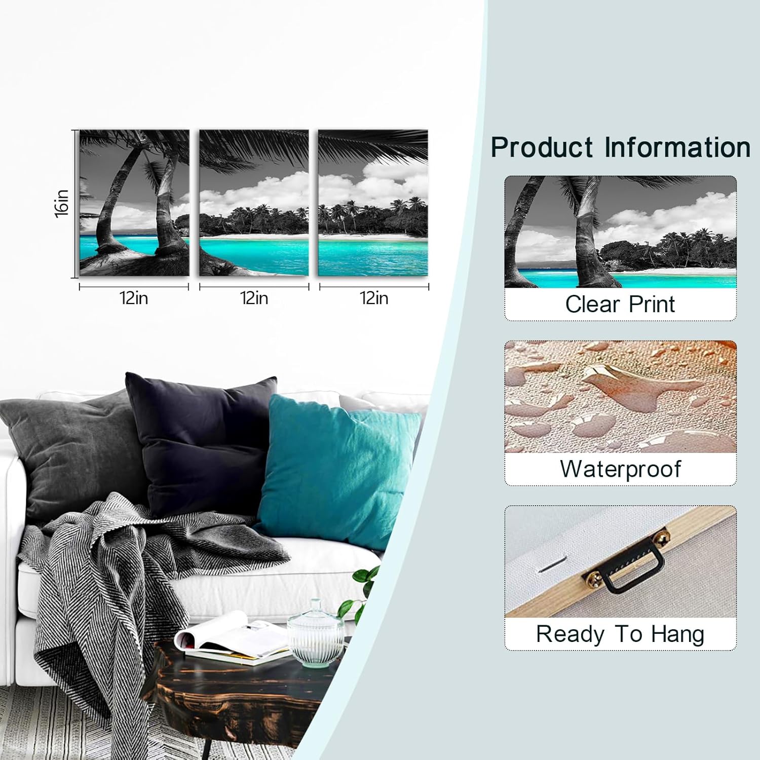 SkenoArt 3 Panels Teal Canvas Wall Art Black and White Hawaii Beach Pictures Tropical Palm Tree Artwork Giclee Prints for Bathroom Office Wall Decoration Framed Ready to Hang Each Piece 12"x16" - Image 5