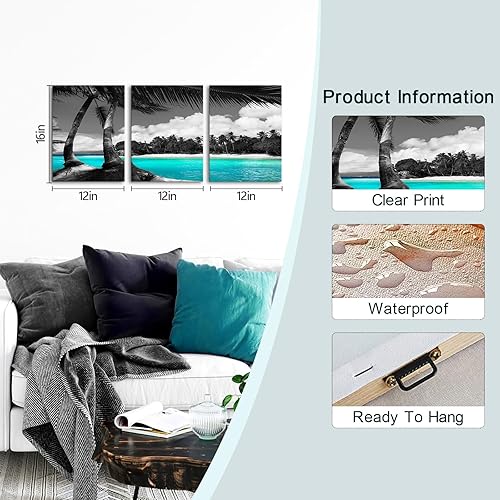 Miniatura 5 de SkenoArt 3 paneles de lienzo verde azulado para pared, diseño de playa hawaiana en blanco y negro, palmera tropical, impresiones giclée para