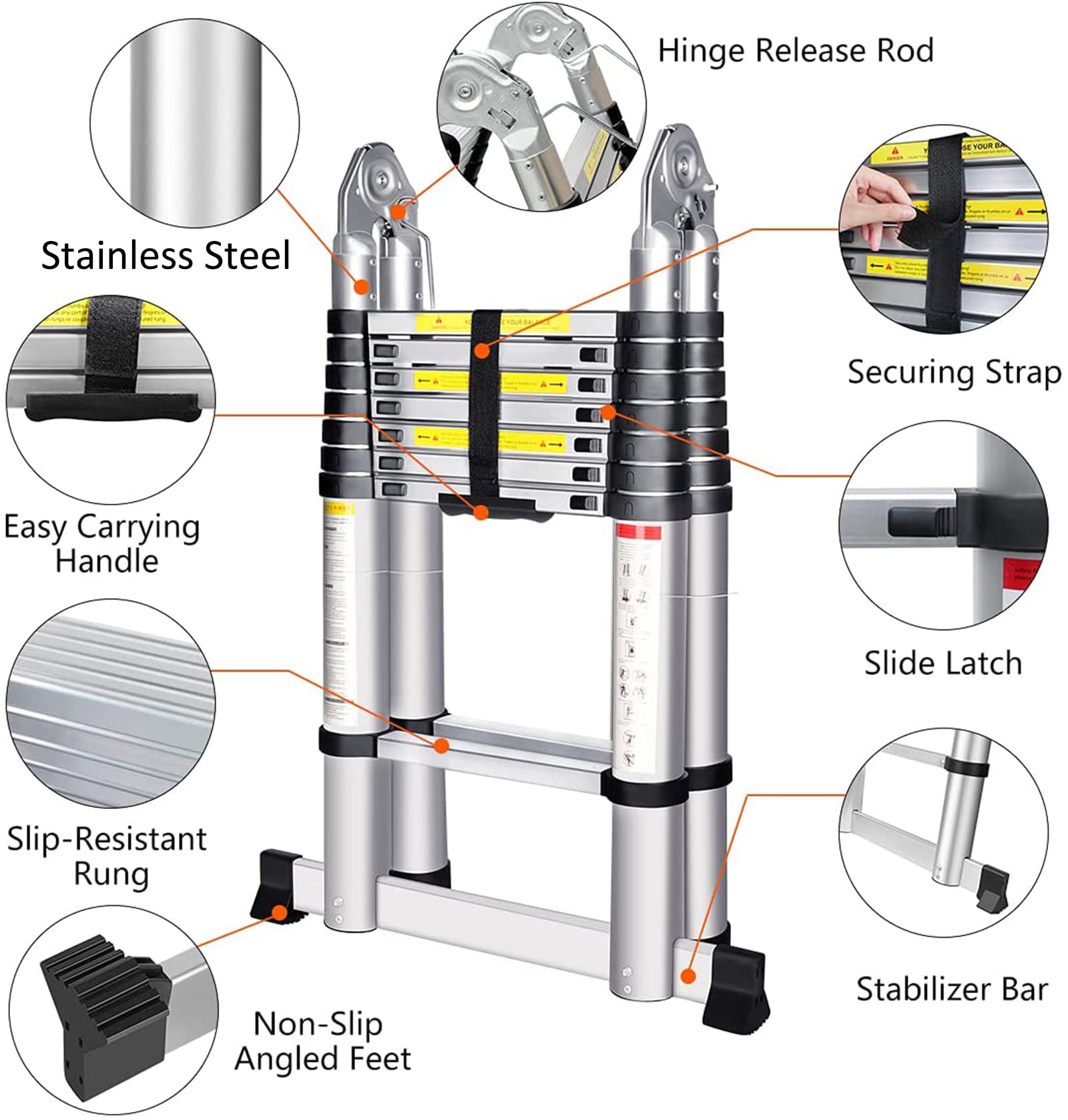 Échelle télescopique 3,8 m avec cadre en A – Extension pliable en acier inoxydable robuste multi-usage pour la maison, le grenier, échelle de grenier, échelle pliable de 1,9 m + 1,9 m, capacité de 150