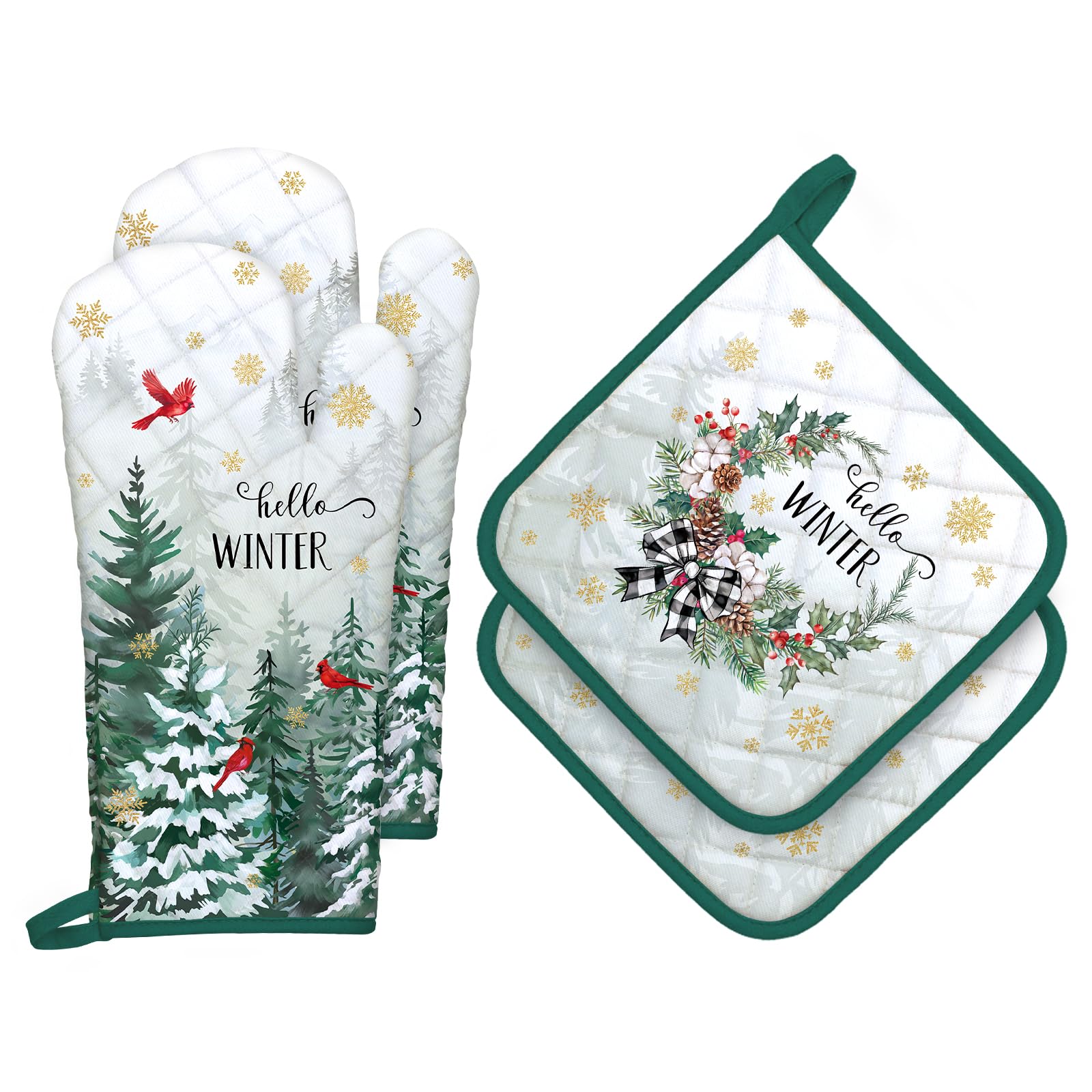 Arquiel Winter Pine Tree Oven Mitts and Pot Holders -100% Cotton, Heat Resistant Extra Long Oven Gloves & Hot Pads for Cooking BBQ Grilling Baking Gift, Set of 4 — image 1