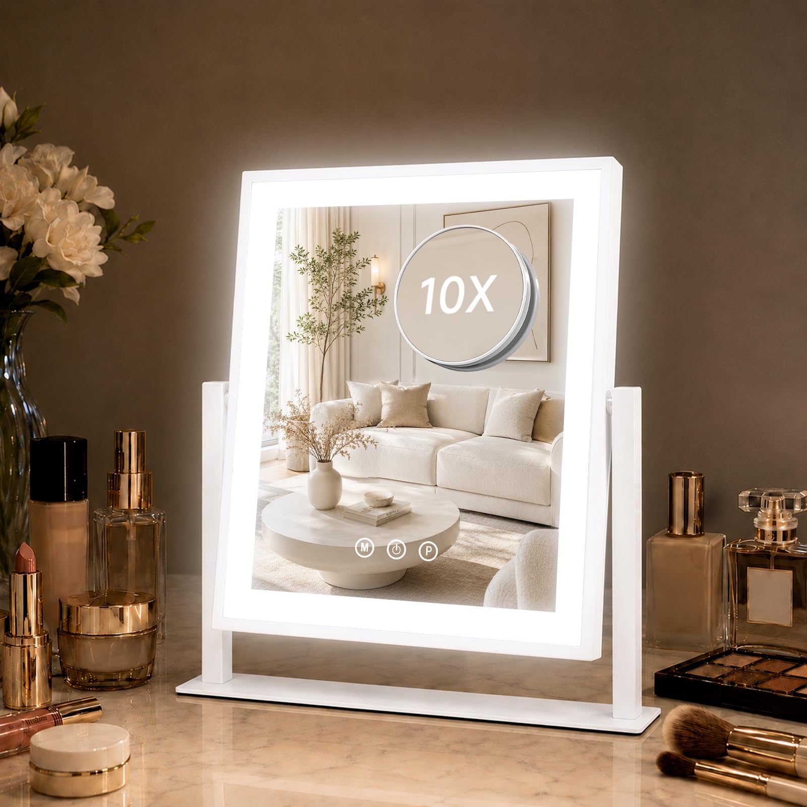 Tuocal Vanity Mirror with Light, 25x34cm Lighted Makeup Mirror with Dimmable 3 Modes, Smart Touch Control, Detachable 10X Magnification, 360°Rotation Tabletop Make Up Mirror for Dressing Table Bedroom