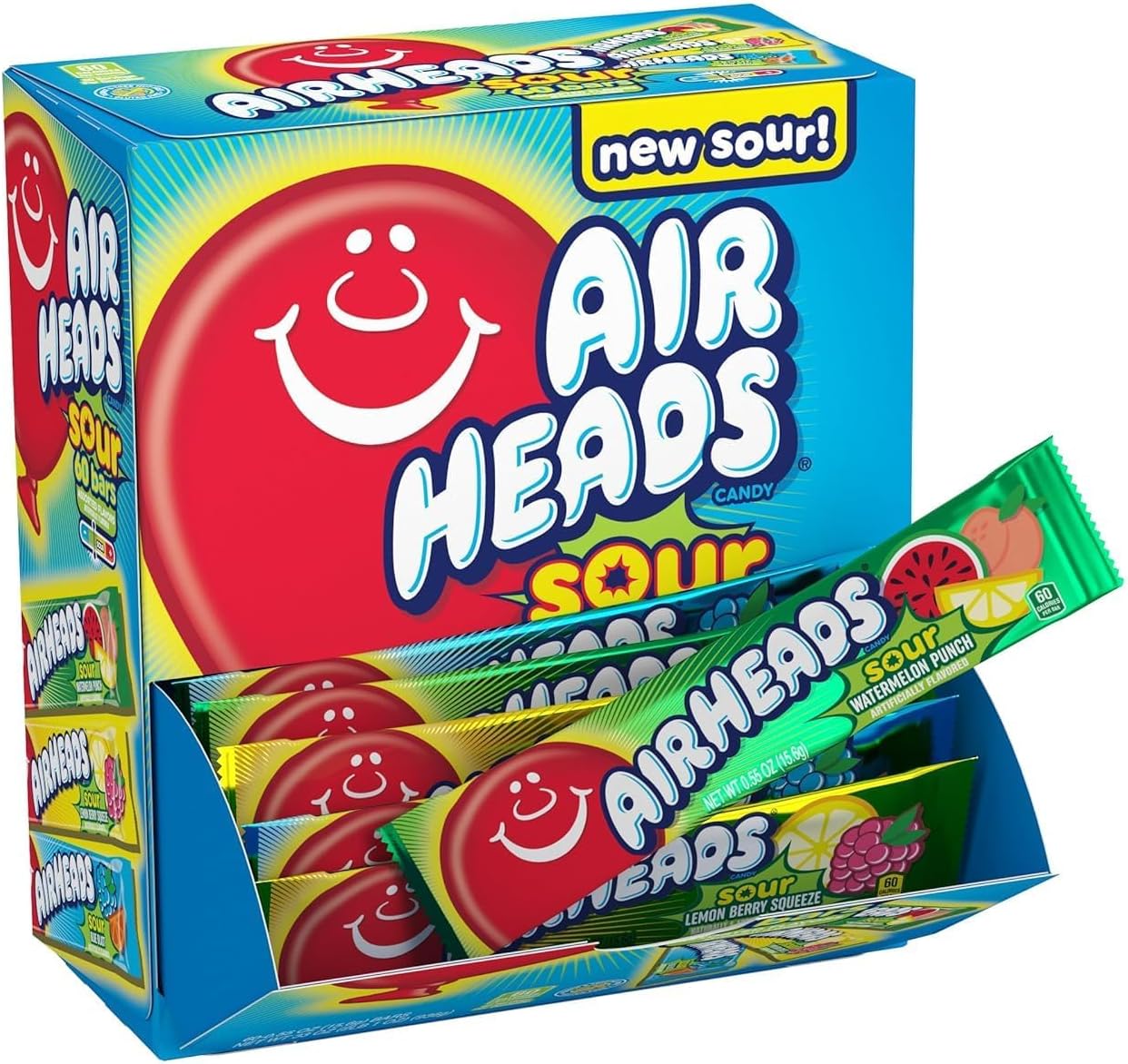 Airheads SOUR Bars, Variety Bulk Box, Sour Watermelon Punch, Blue Blast, and Lemon Berry Squeeze flavored candy, 60 Individually Wrapped Full Size Bars