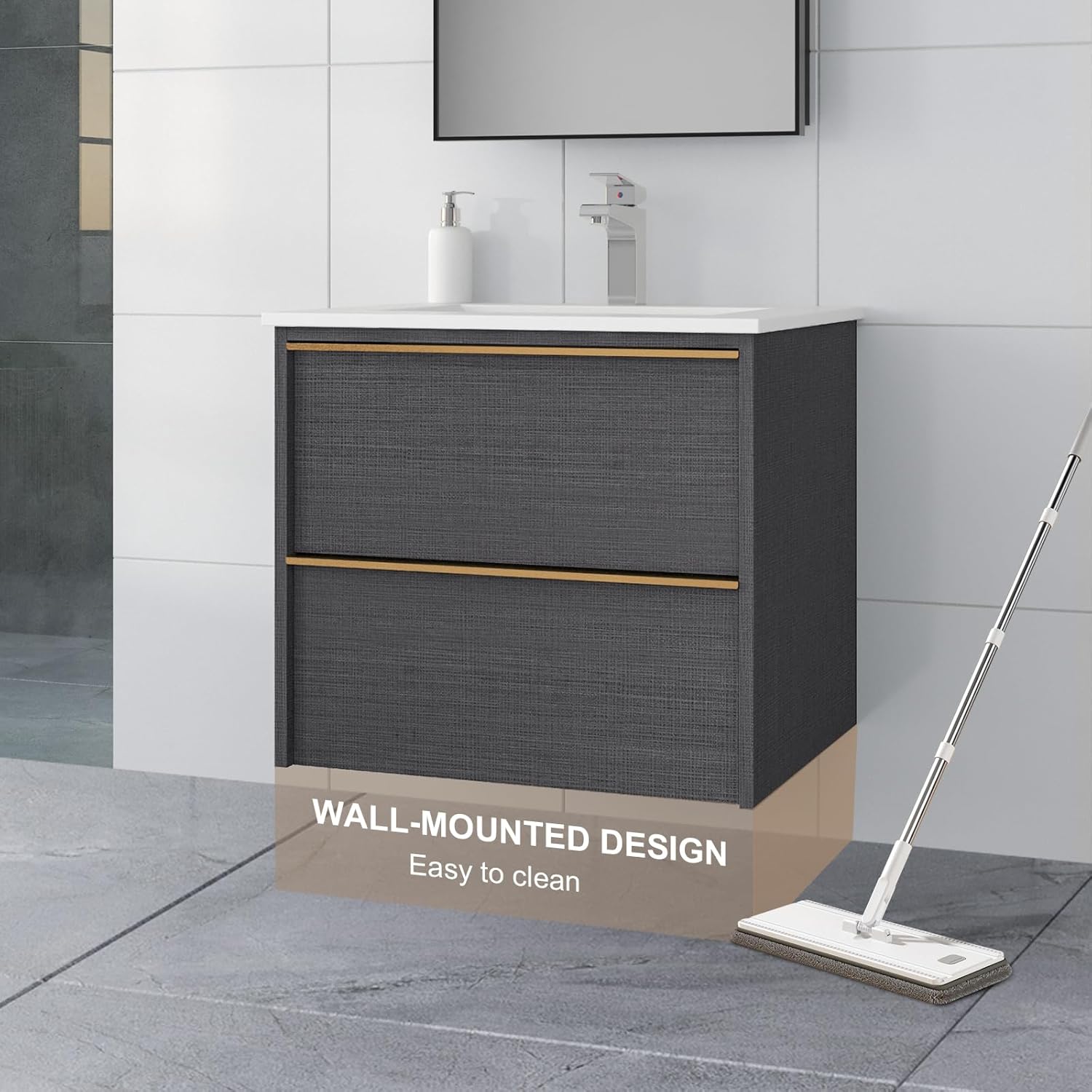 24 Inch Bathroom Vanity with Sink, Floating Vanity Bathroom, Modern Wall Mount Bathroom Cabinet, Double Drawers, Gold Handle, Suitable for All Kinds of bathrooms (with Sink, 24")