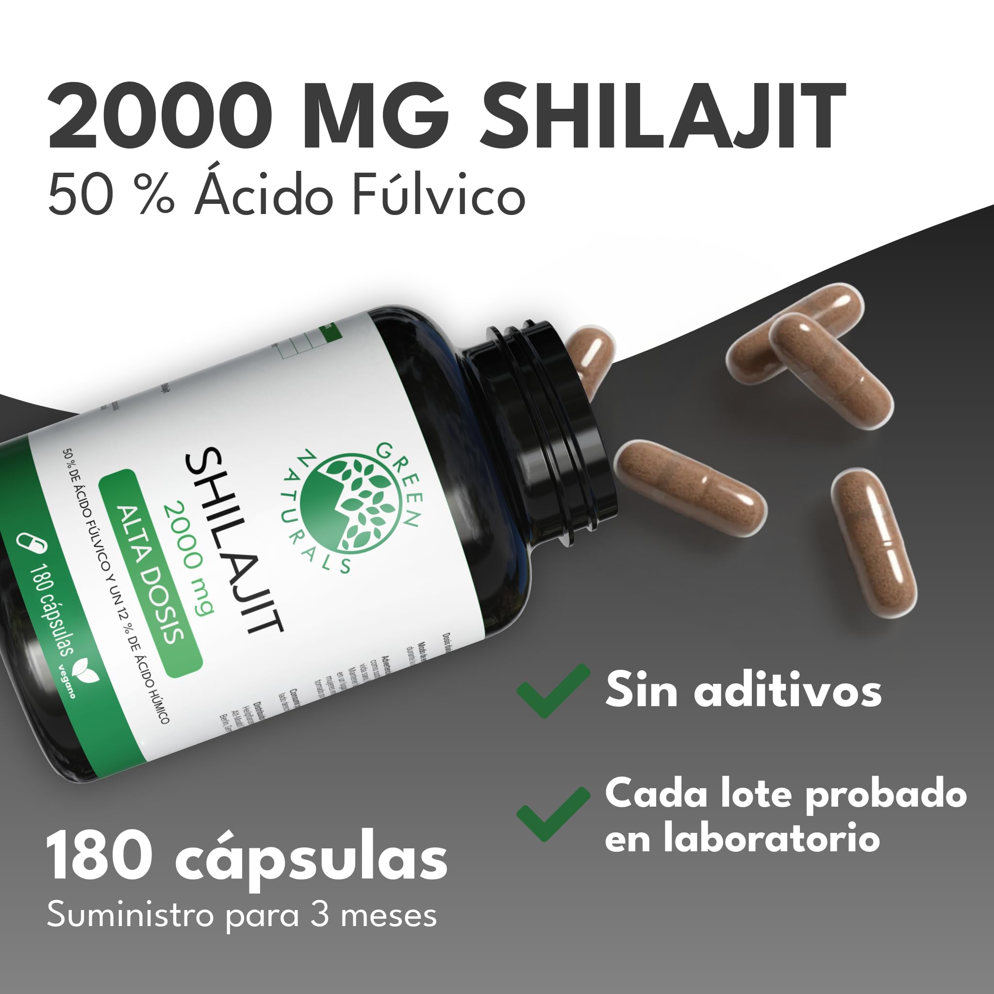 Green Naturals® Shilajit 40.000 mg (extracto 20:1) – Cápsulas originales del Himalaya con un 50% de ácido fúlvico y un 12% de ácido húmico – 180 cápsulas (3 meses) | 20:1 por dosis diaria · Equivalente a 40.000 mg · 50% de ácido fúlvico · 12% de ácido húm