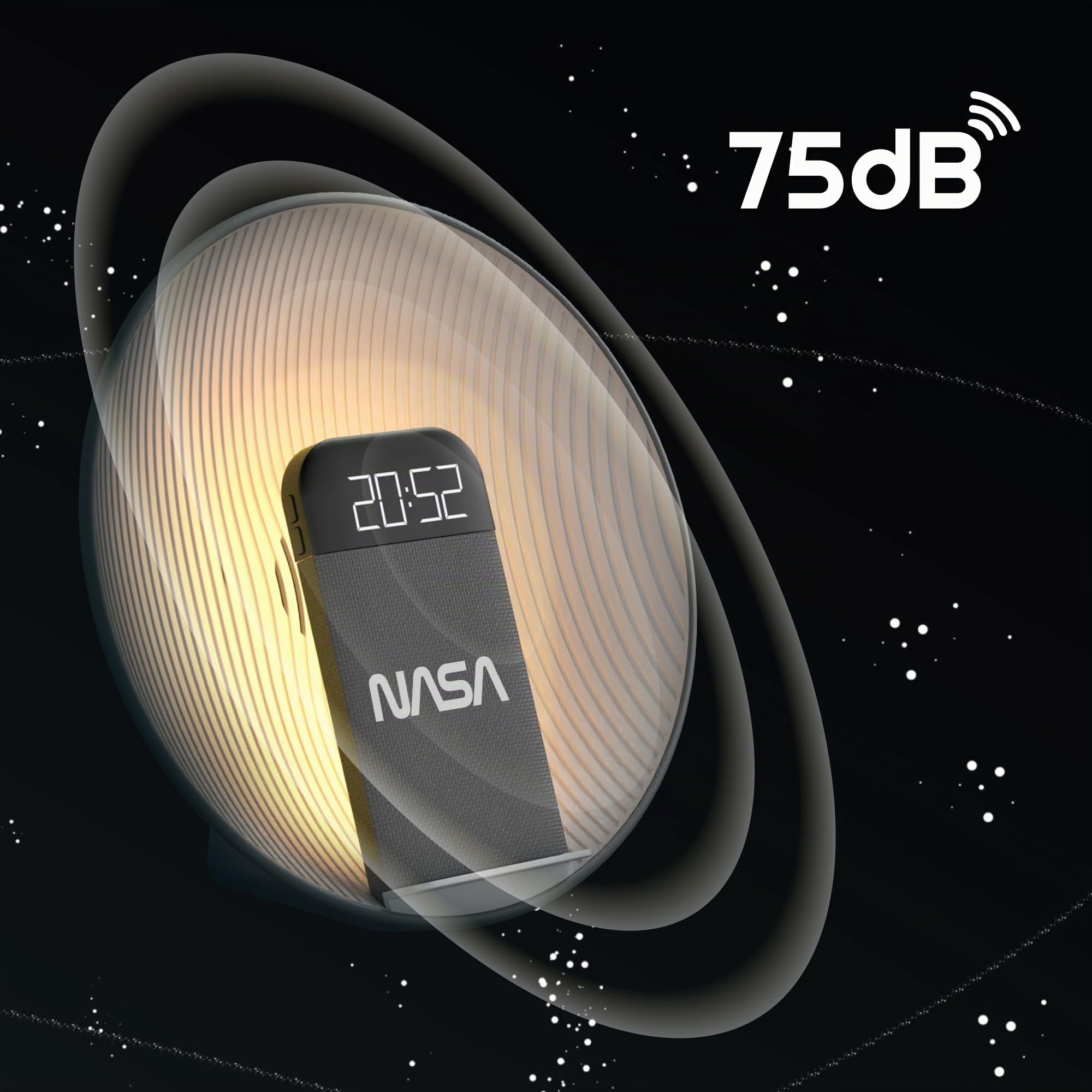NASA SPC600 Réveil Bluetooth 5.3 avec Enceinte 5W RMS, Charge sans Fil Qi 15W, Double Alarme, LED Réveil 3000K, USB-C/USB-A, Design Gris
