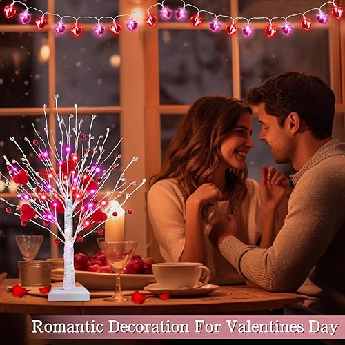 Miniatura 7 de Decoraciones para el día de San Valentín, temporizador preiluminado, paquete de 2 abedules iluminados, árbol de San Valentín con 12 bayas rojas en