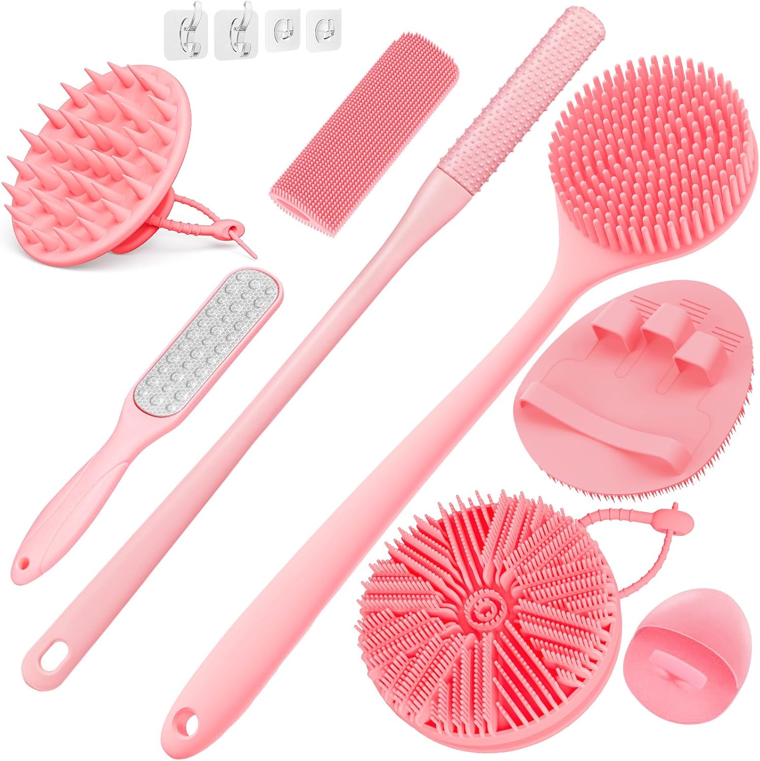 Manmihealth Silicone Back Scrubber & Soft Shower Brush, Silicone Scalp Massager, Toe Cleaning Brush Set 8 PCS, Body Foot Scrubber & Shampoo Brush Combination, with 4 Free Hooks (Style 1 Pink)
