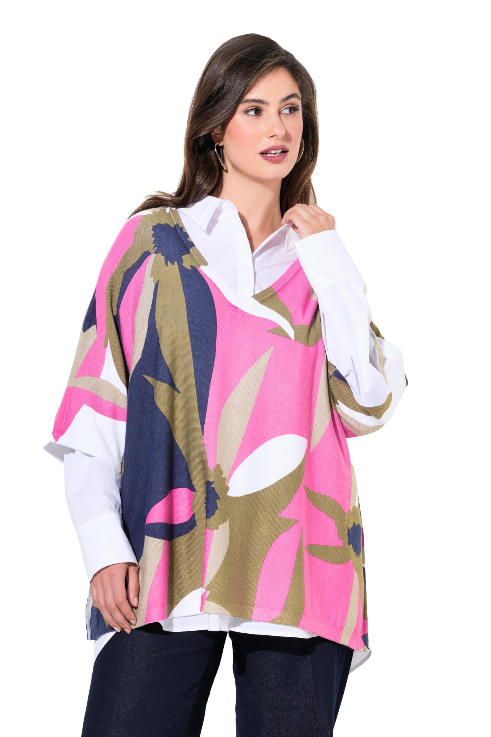 Ulla Popken Damen große Größen Übergrößen Plus Size Pullover, Blüten, Oversized, V-Ausschnitt, 3/4-Arm 836625