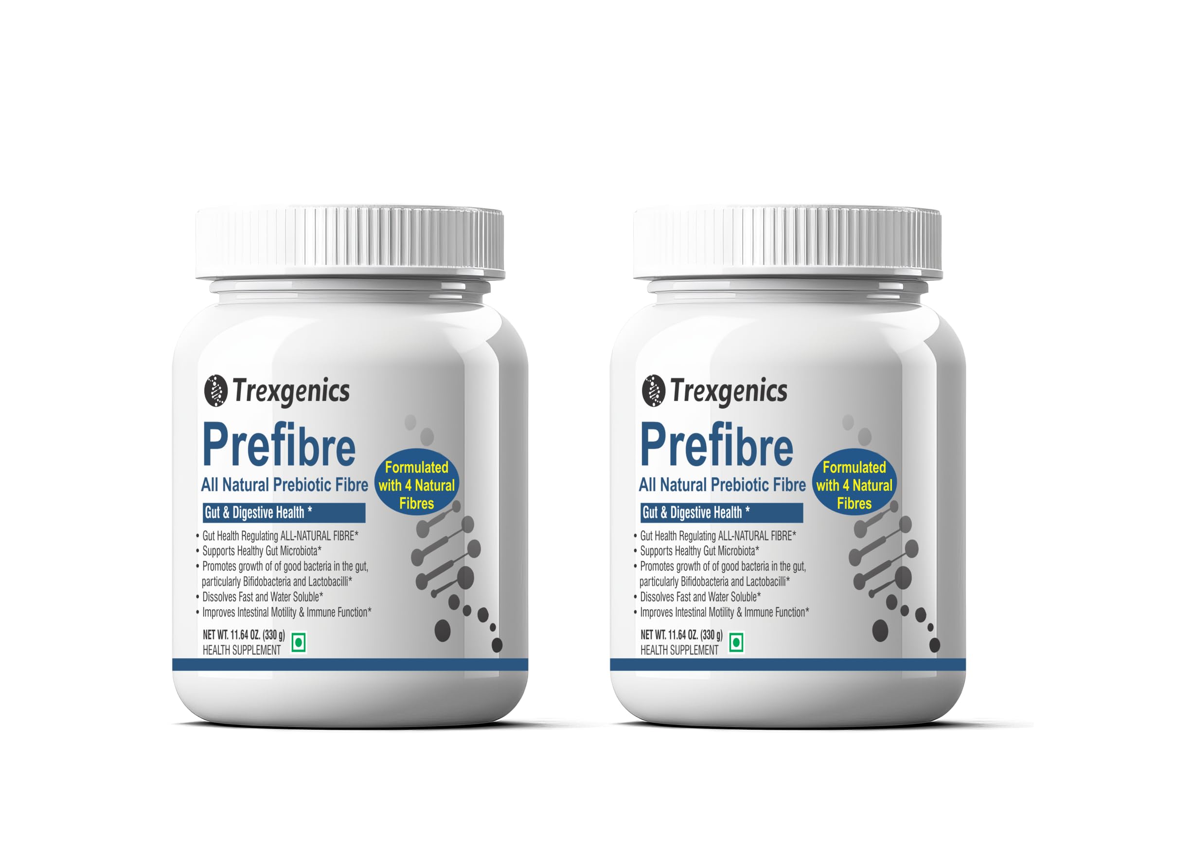 Trexgenics PREFIBRE 4X Natural PREBIOTIC FIBRES -Digestive & Gut Health Support, Frutafit HD Inulin, Fossence Fructooligosaccharides, Sunfiber PHGG & Gum Acacia Fibre, VEGETARIAN(330 gram) (Pack of 2)
